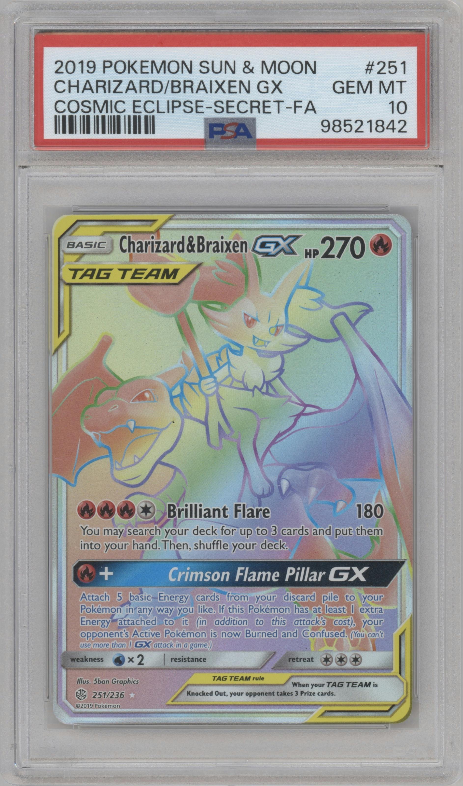 Charizard/Braixen GX from the 2019 Pokemon S&M  set graded by PSA and given an overall grade of 10.