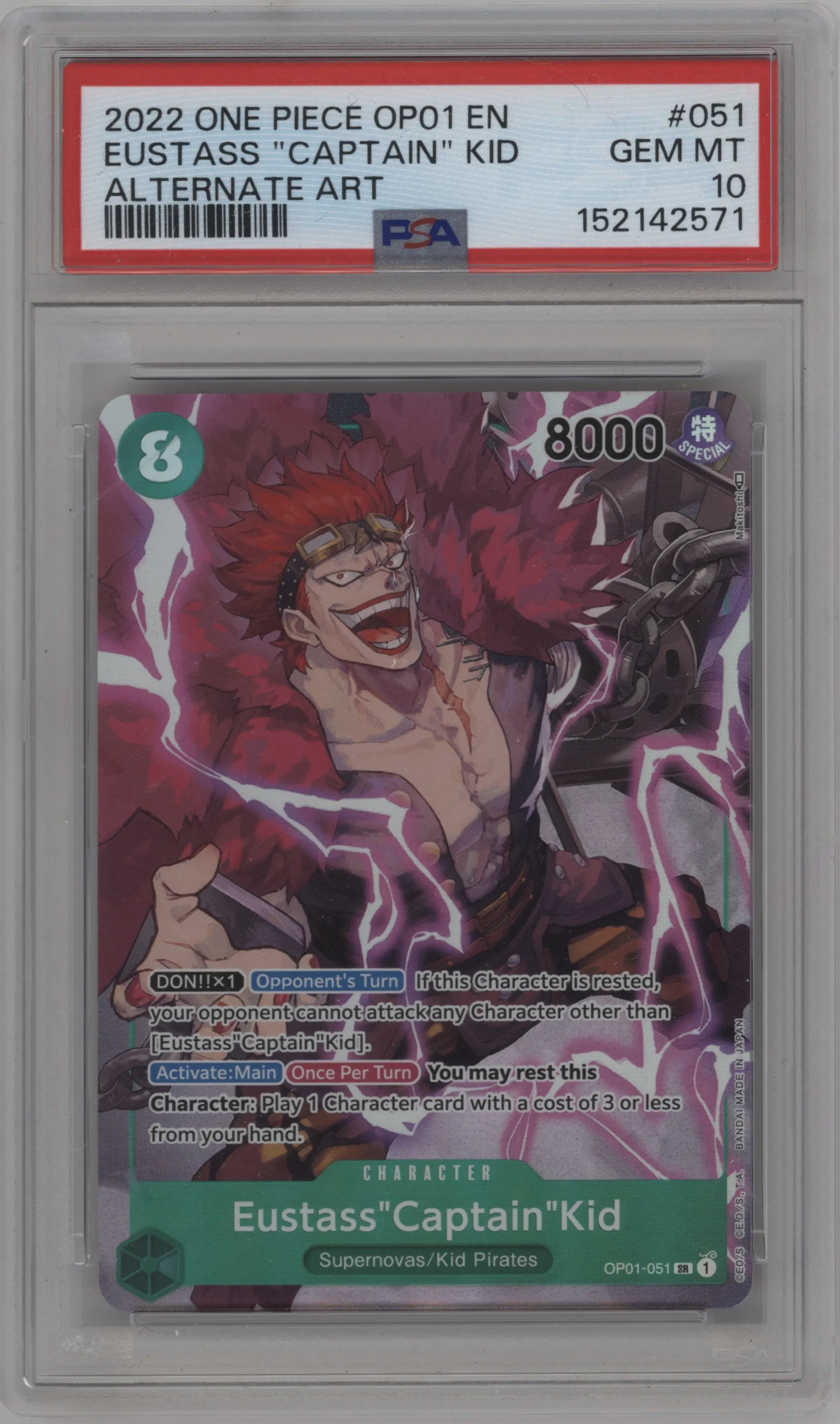 2022 One Piece Romance Dawn Eustass"Captain"Kid Alternate Art SR #OP01-051 SR PSA 10