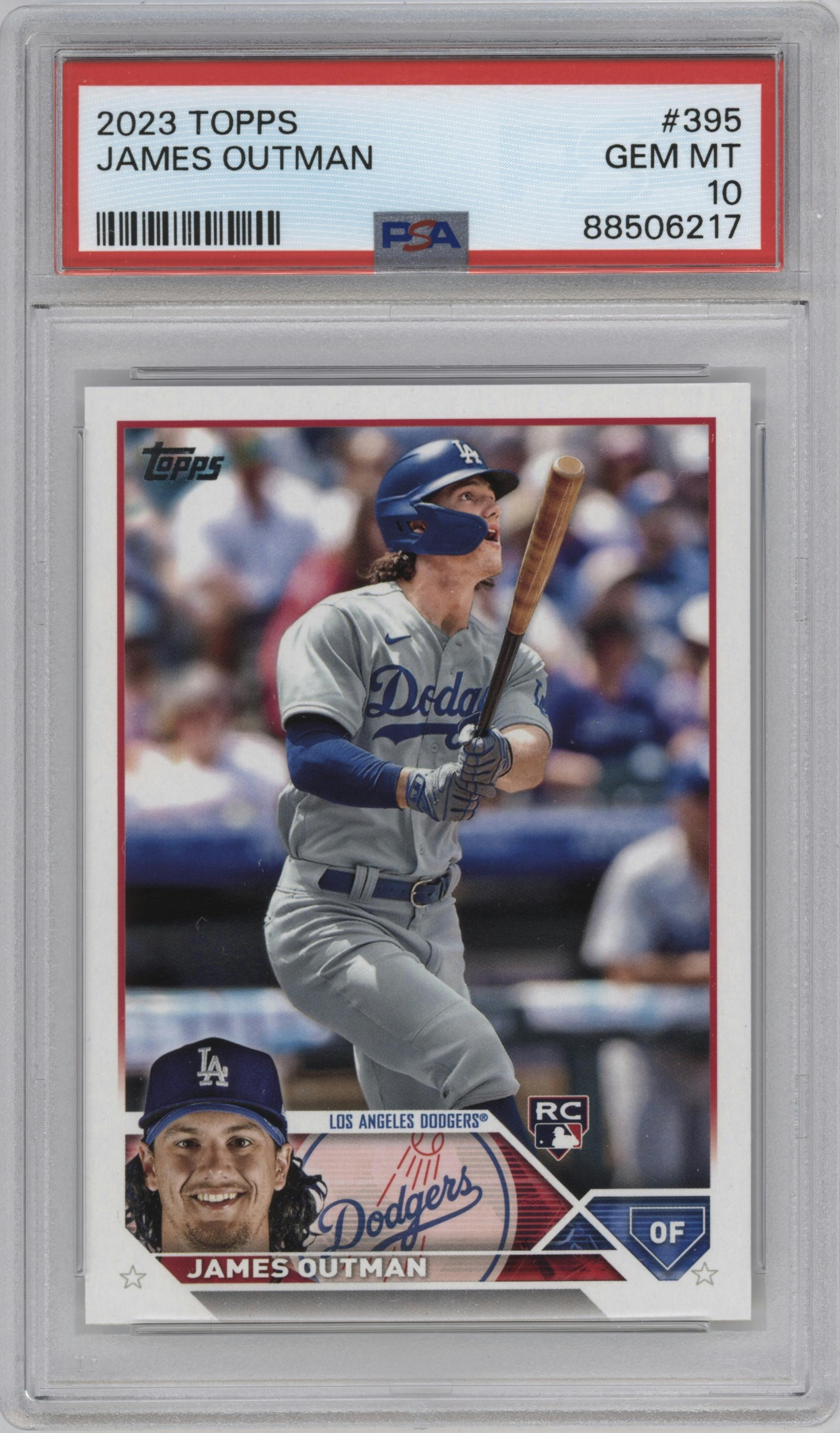 James Outman from the 2023 Topps Series 2 set graded by PSA and given an overall grade of 10.