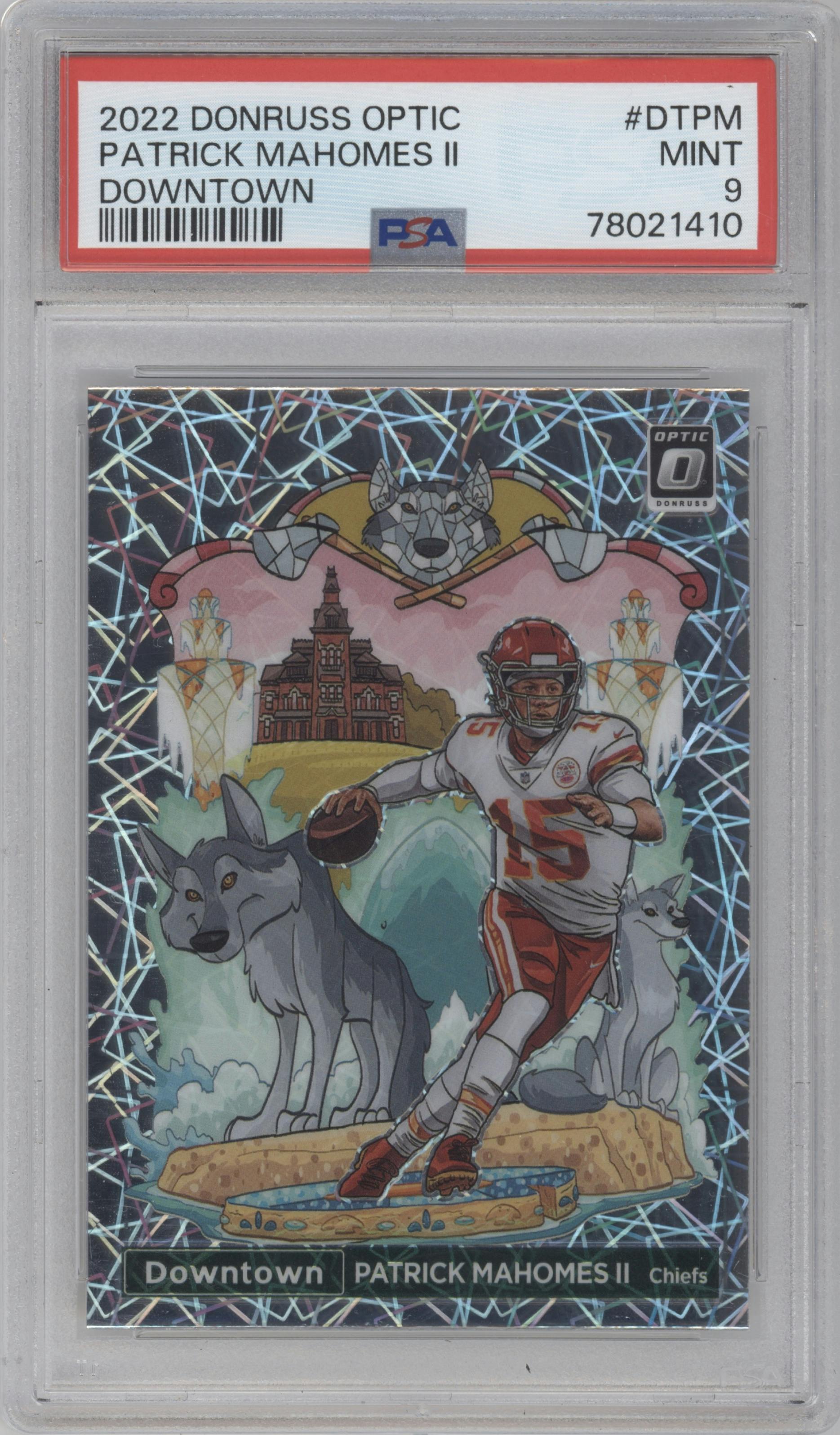 Patrick Mahomes II from the 2022 Panini Donruss Optic set graded by PSA and given an overall grade of 9.