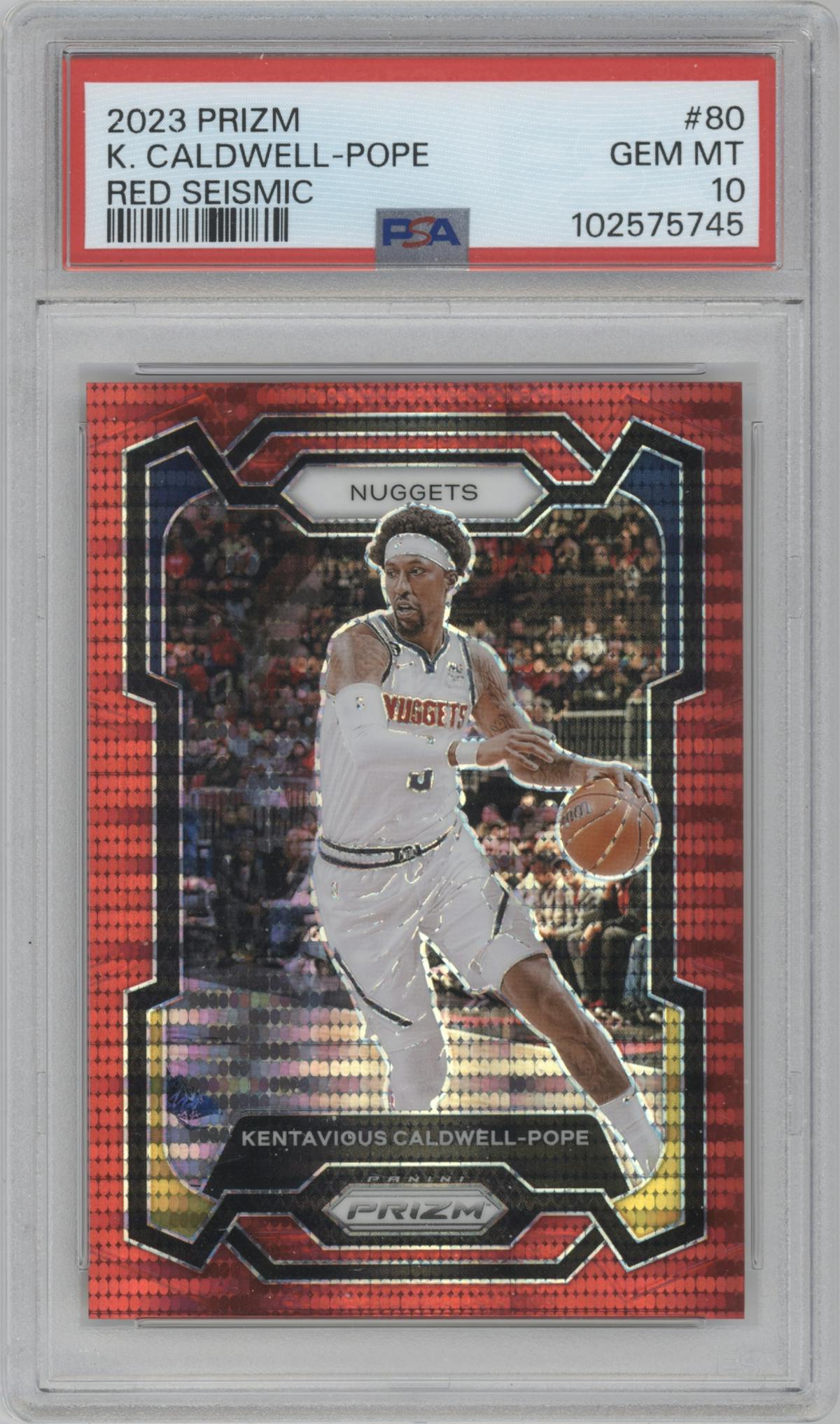 Kentavious Caldwell-Pope from the 2023-24 Panini Prizm set featuring a Red Seismic  parallel graded by PSA and given an overall grade of 10.