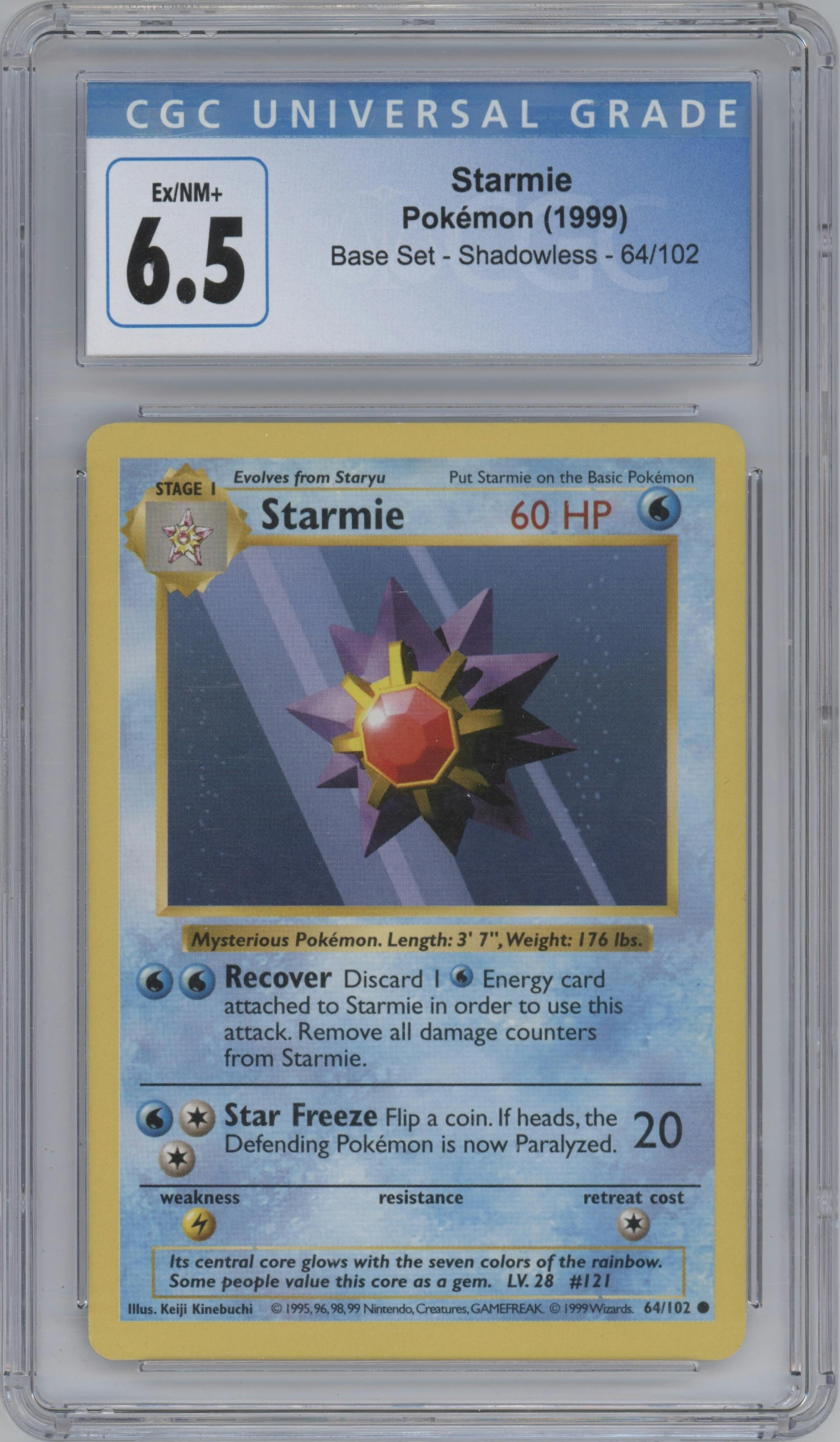 Starmie from the 1999 Pokemon set graded by CSG and given an overall grade of 6.5.