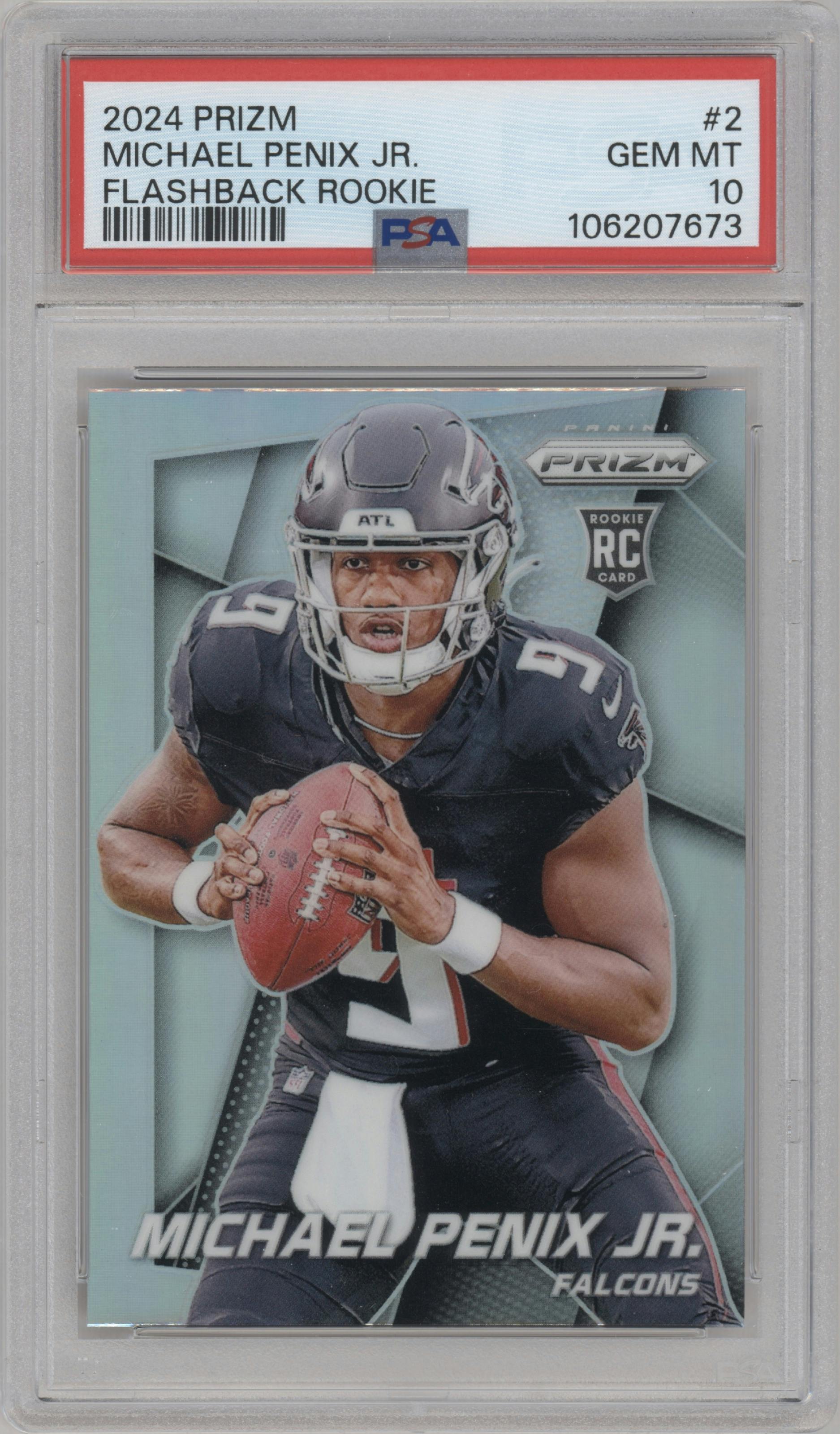 Michael Penix Jr. from the 2024 Panini Prizm set graded by PSA and given an overall grade of 10.