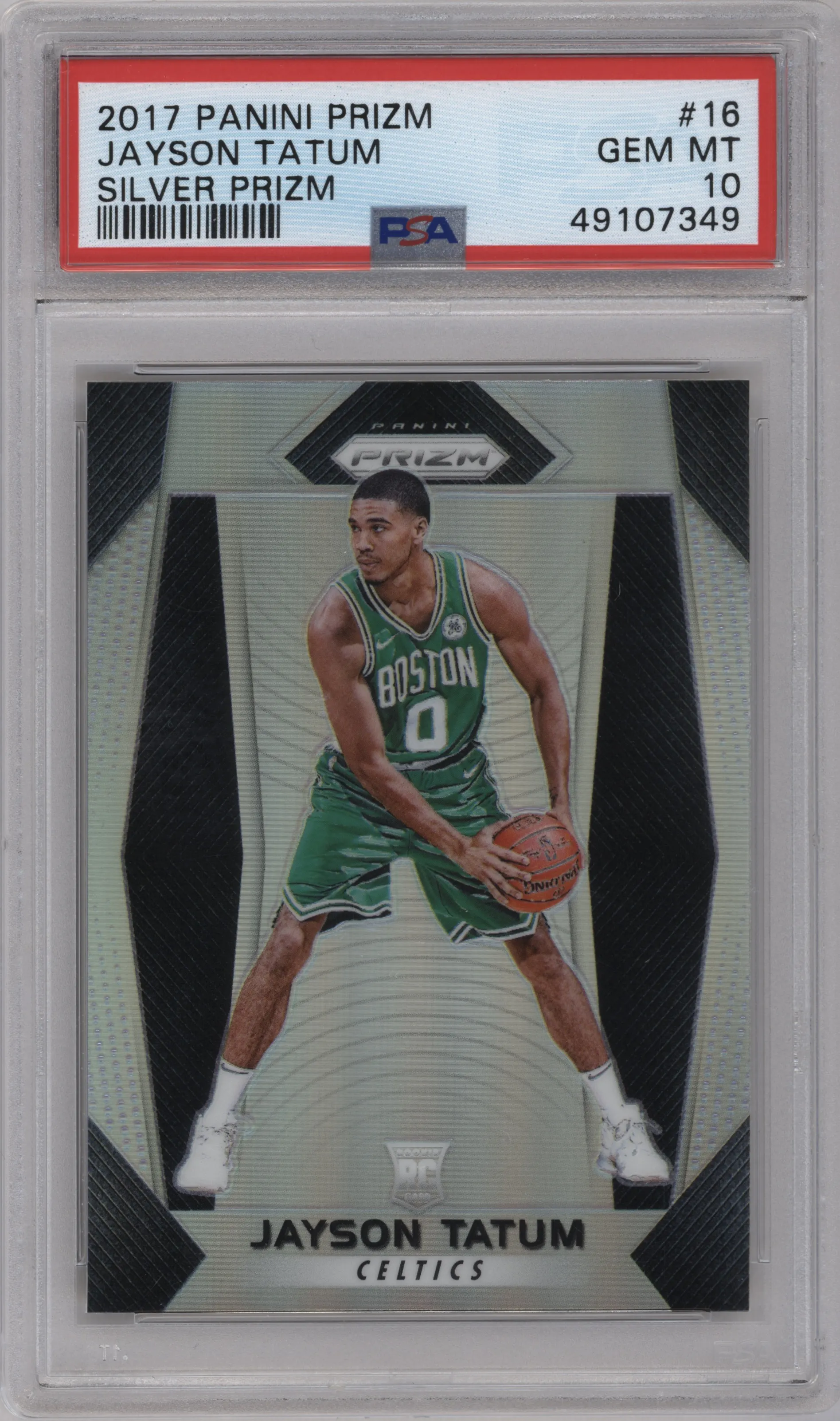 Jayson Tatum from the 2017-18 Panini Prizm  set featuring a Silver Prizm parallel graded by PSA and given an overall grade of 10.