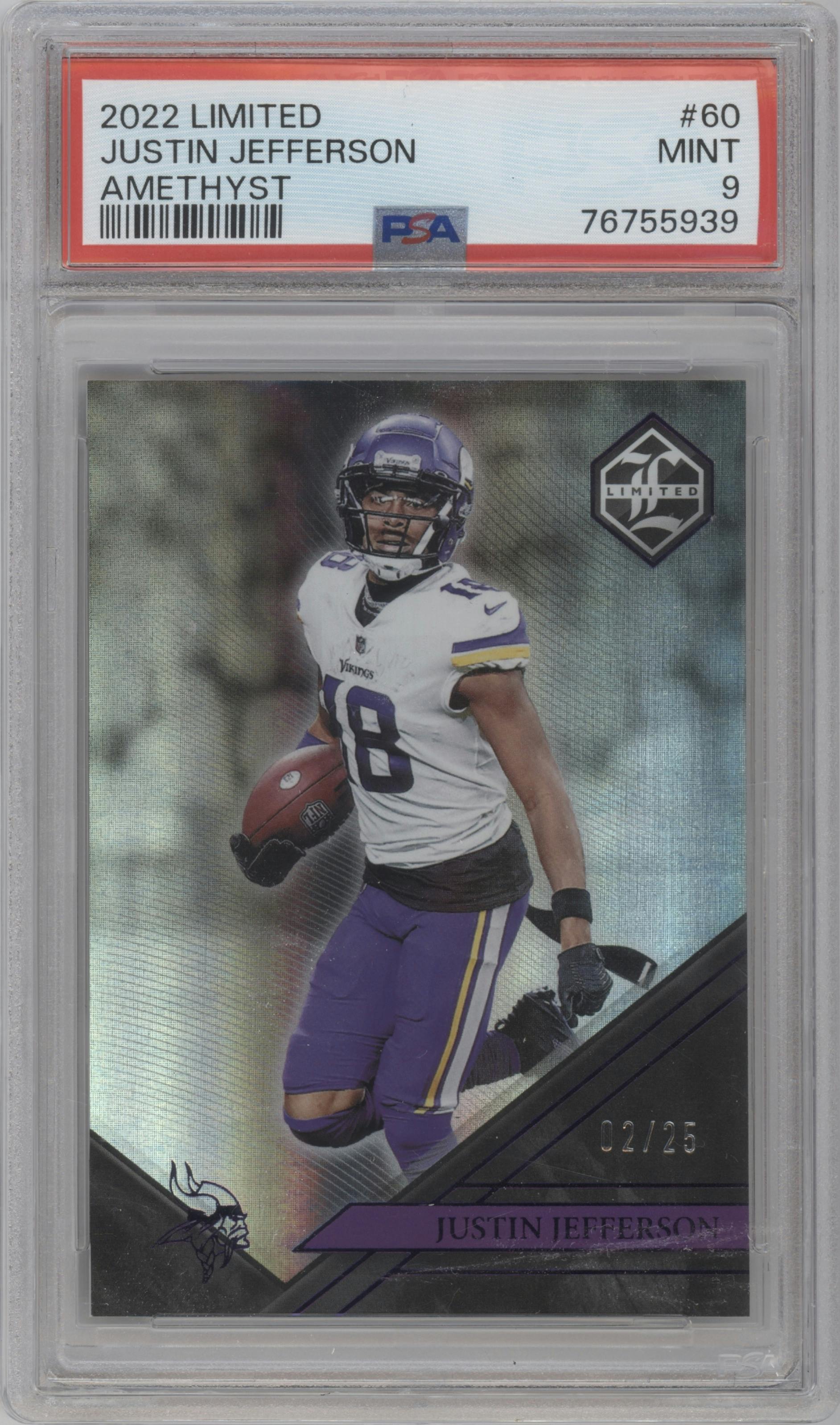 Justin Jefferson from the 2022 Panini Limited set featuring a Amethyst Spotlight parallel graded by PSA and given an overall grade of 9.