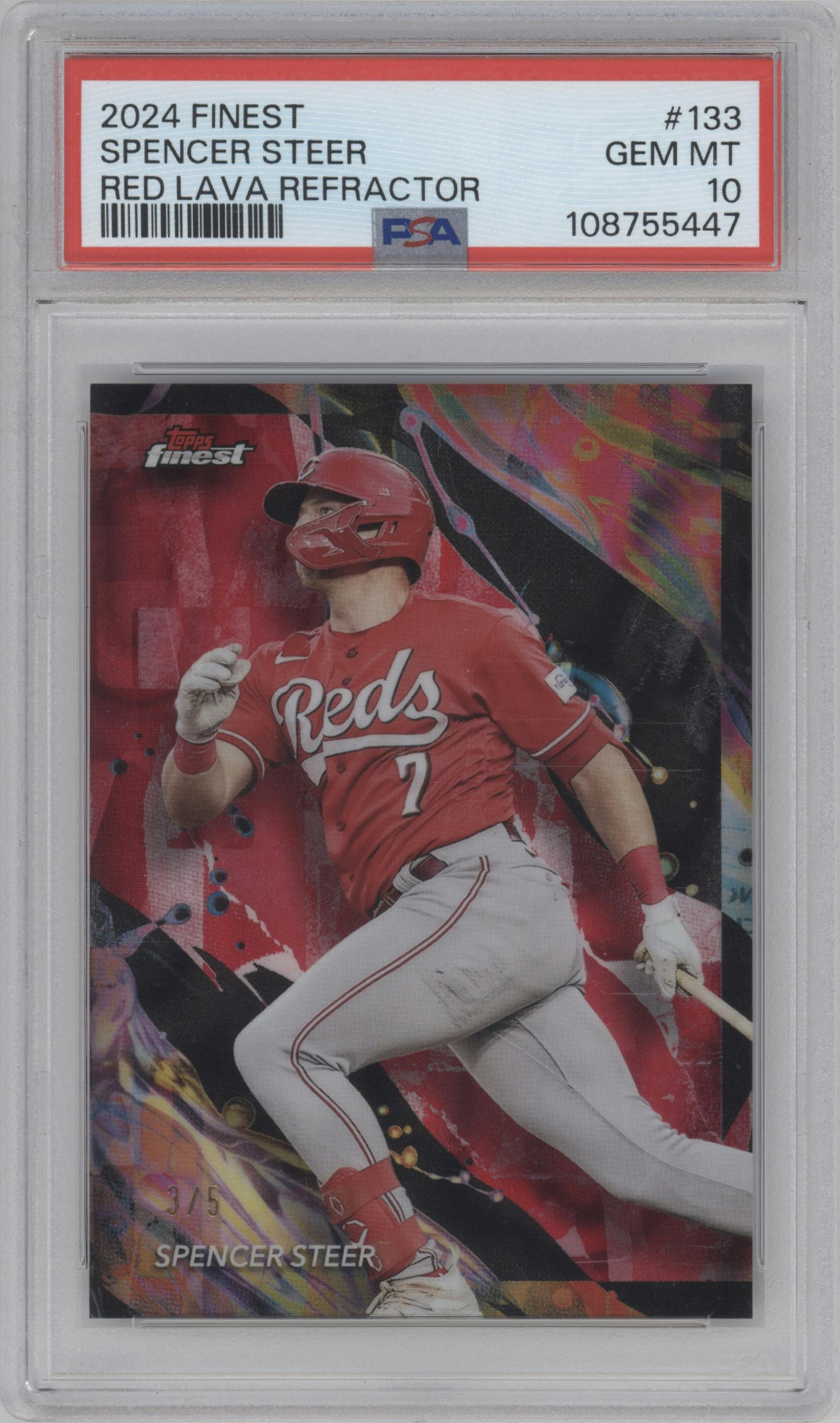 Spencer Steer from the 2024 Topps Finest set featuring a Red Lava Refractor parallel graded by PSA and given an overall grade of 10.