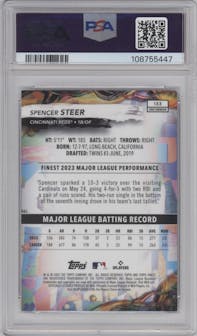 Spencer Steer from the 2024 Topps Finest set featuring a Red Lava Refractor parallel graded by PSA and given an overall grade of 10.