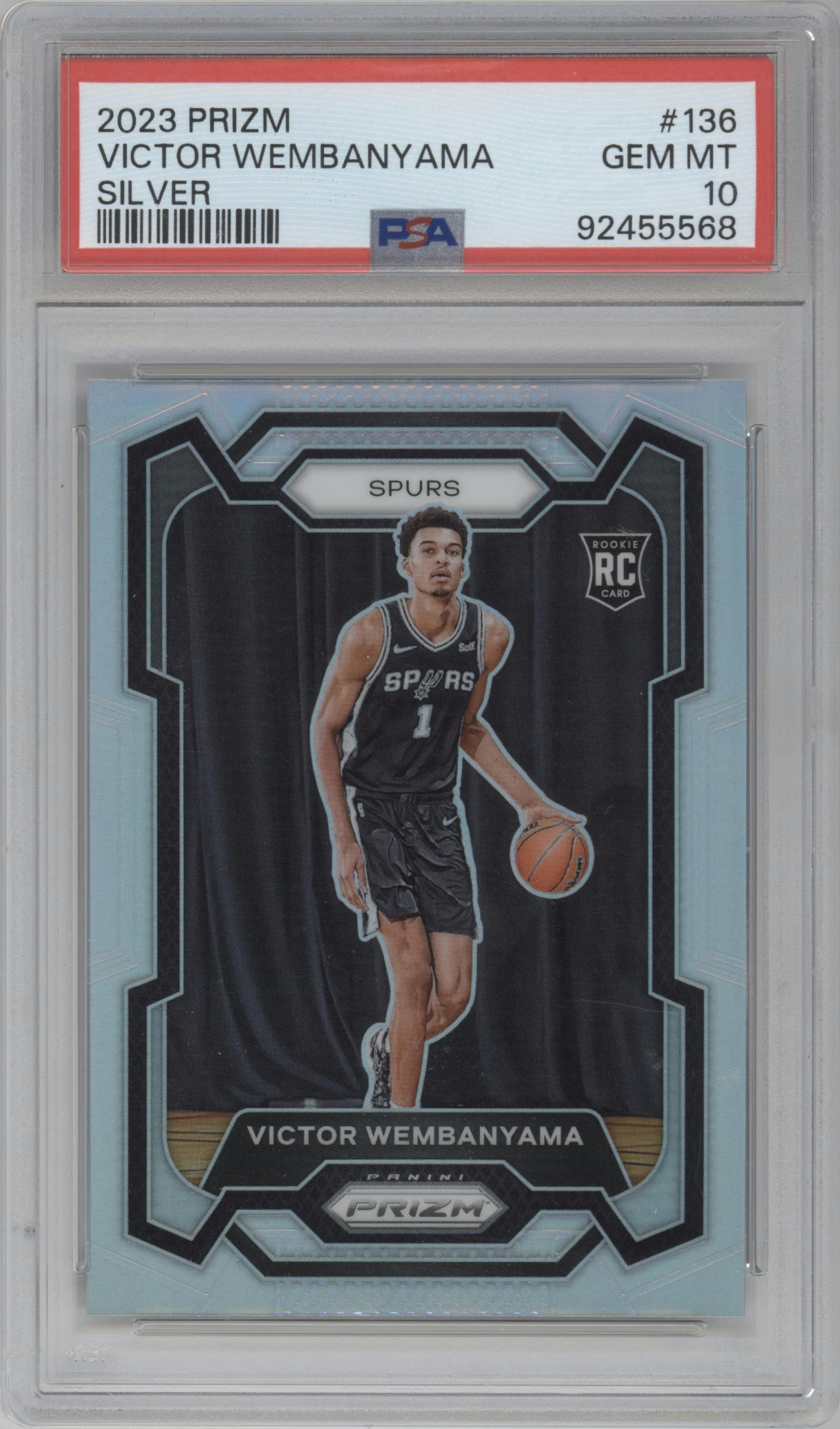 Victor Wembanyama from the 2023-24 Panini Prizm set featuring a Silver Prizm  parallel graded by PSA and given an overall grade of 10.