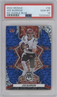 Joe Burrow from the 2022 Panini Mosaic set featuring a No Huddle Blue parallel graded by PSA and given an overall grade of 10.