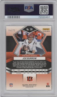 Joe Burrow from the 2022 Panini Mosaic set featuring a No Huddle Blue parallel graded by PSA and given an overall grade of 10.