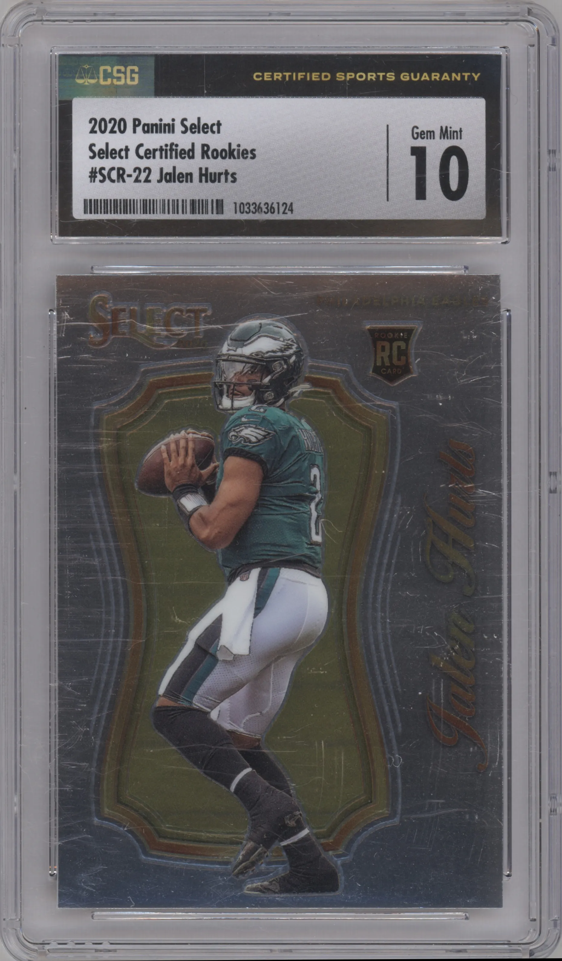 Jalen Hurts from the 2020 Panini Select set graded by CSG and given an overall grade of 10.