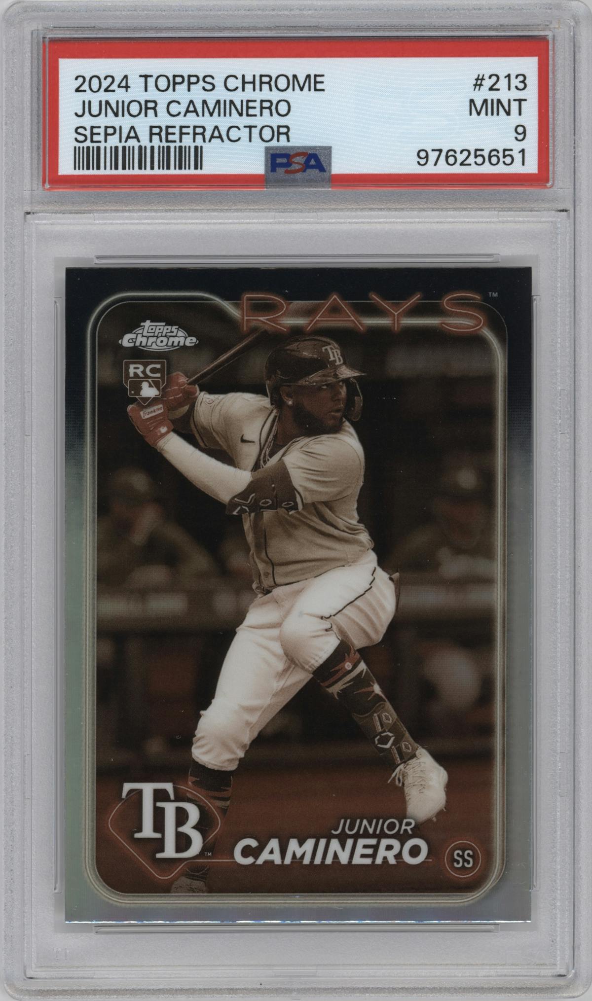 Junior Caminero from the 2024 Topps Chrome set featuring a Sepia Refractor parallel graded by PSA and given an overall grade of 9.