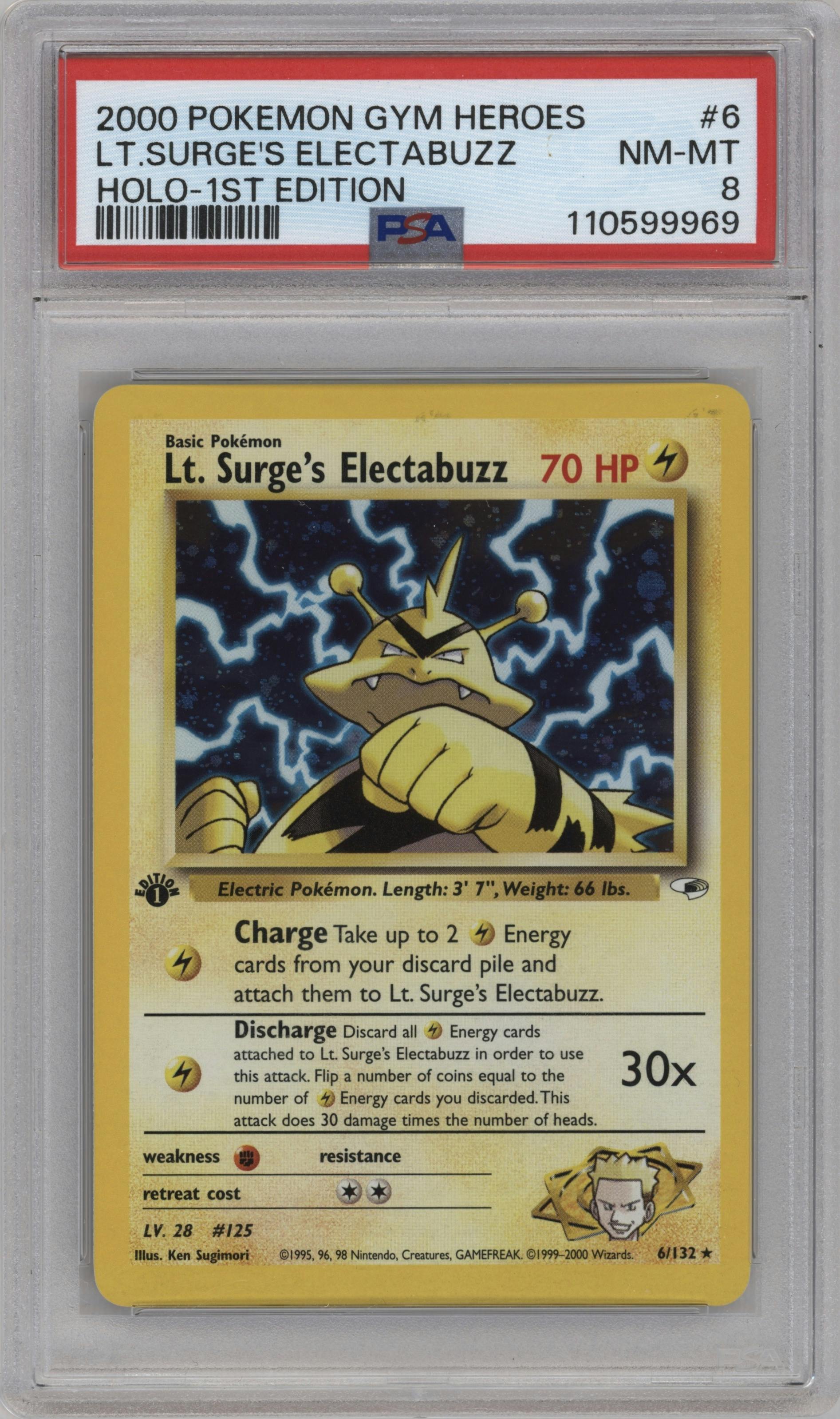 Lt. Surge's Electabuzz from the 2000 Pokemon GH set graded by PSA and given an overall grade of 8.