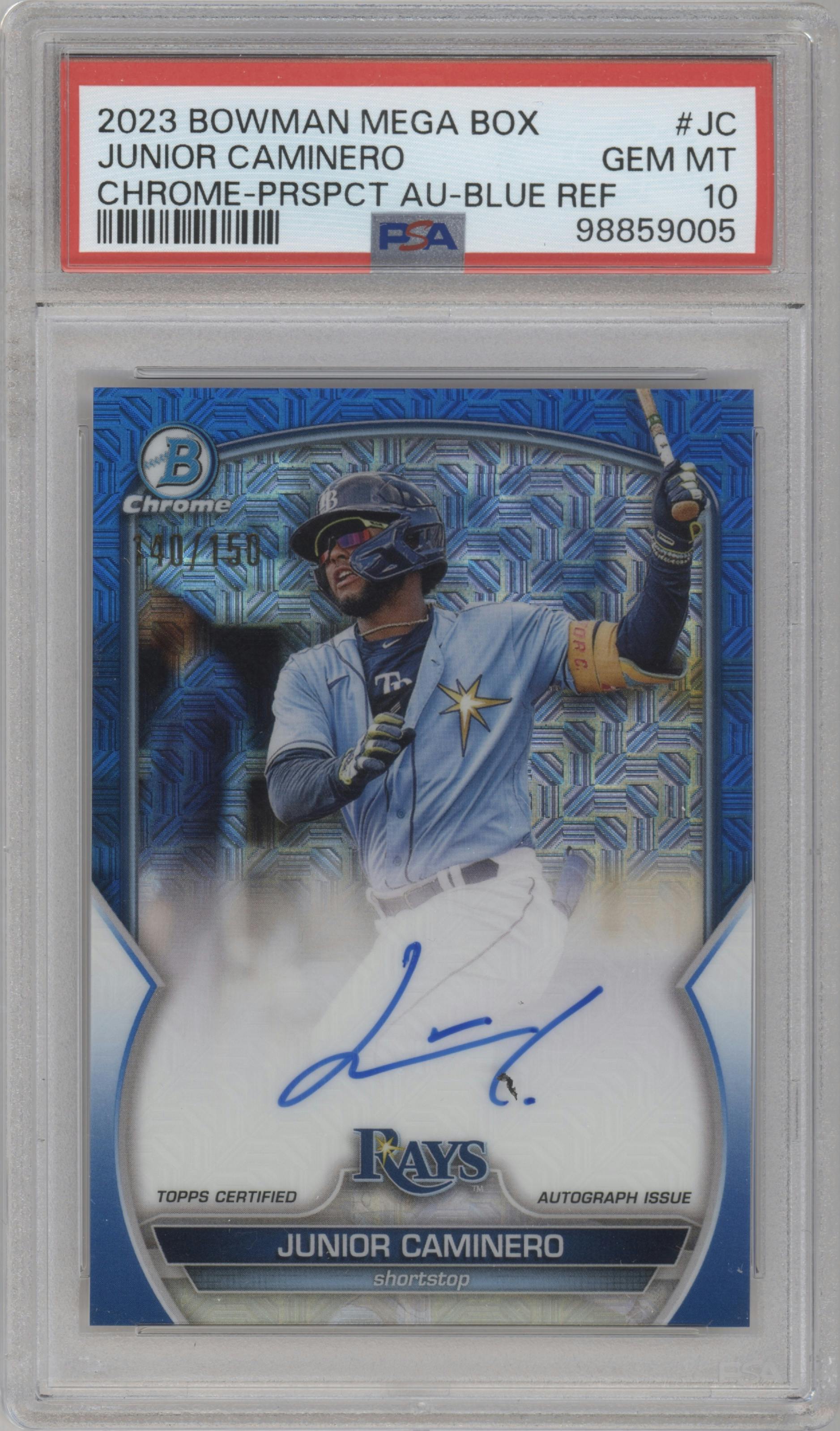 Junior Caminero  from the 2023 Bowman Mega Box set featuring a Blue Refractor parallel graded by PSA and given an overall grade of 10.