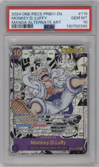 Monkey.D.Luffy from the 2024 One Piece set featuring a Manga parallel graded by PSA and given an overall grade of 10.