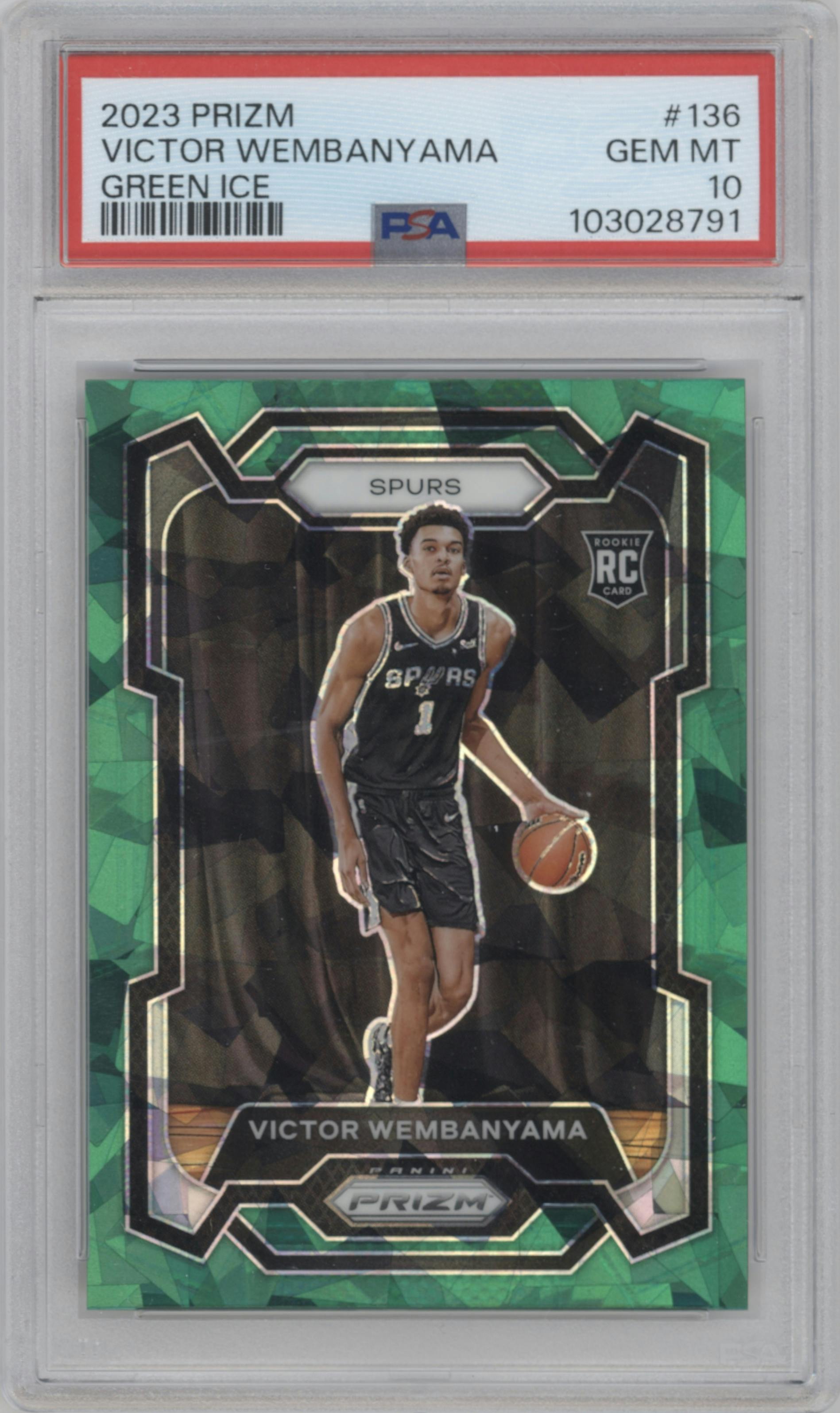Victor Wembanyama from the 2023-24 Panini Prizm set featuring a Green Ice parallel graded by PSA and given an overall grade of 10.