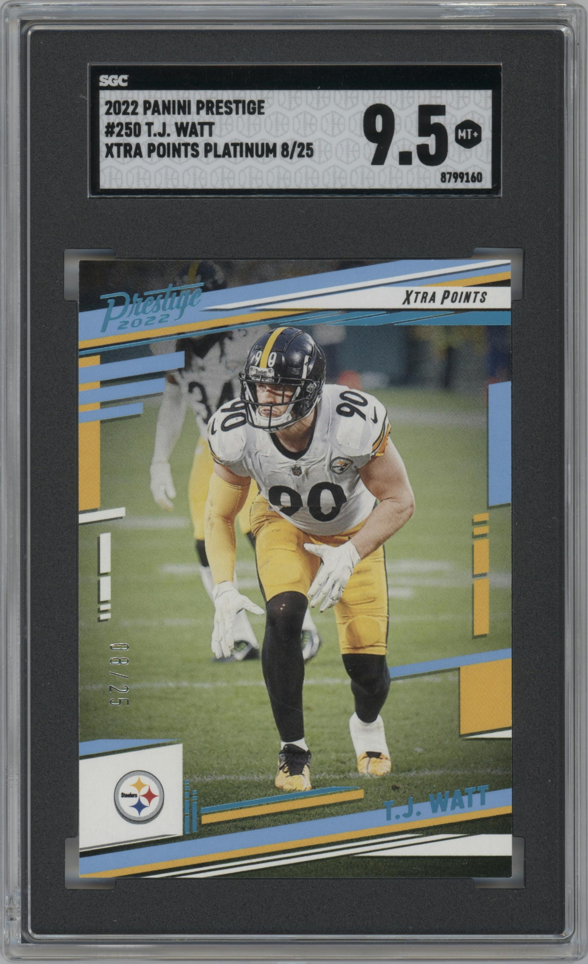T.J. Watt from the 2022 Panini Prestige set featuring a Xtra Points Platinum parallel graded by SGC and given an overall grade of 9.5.