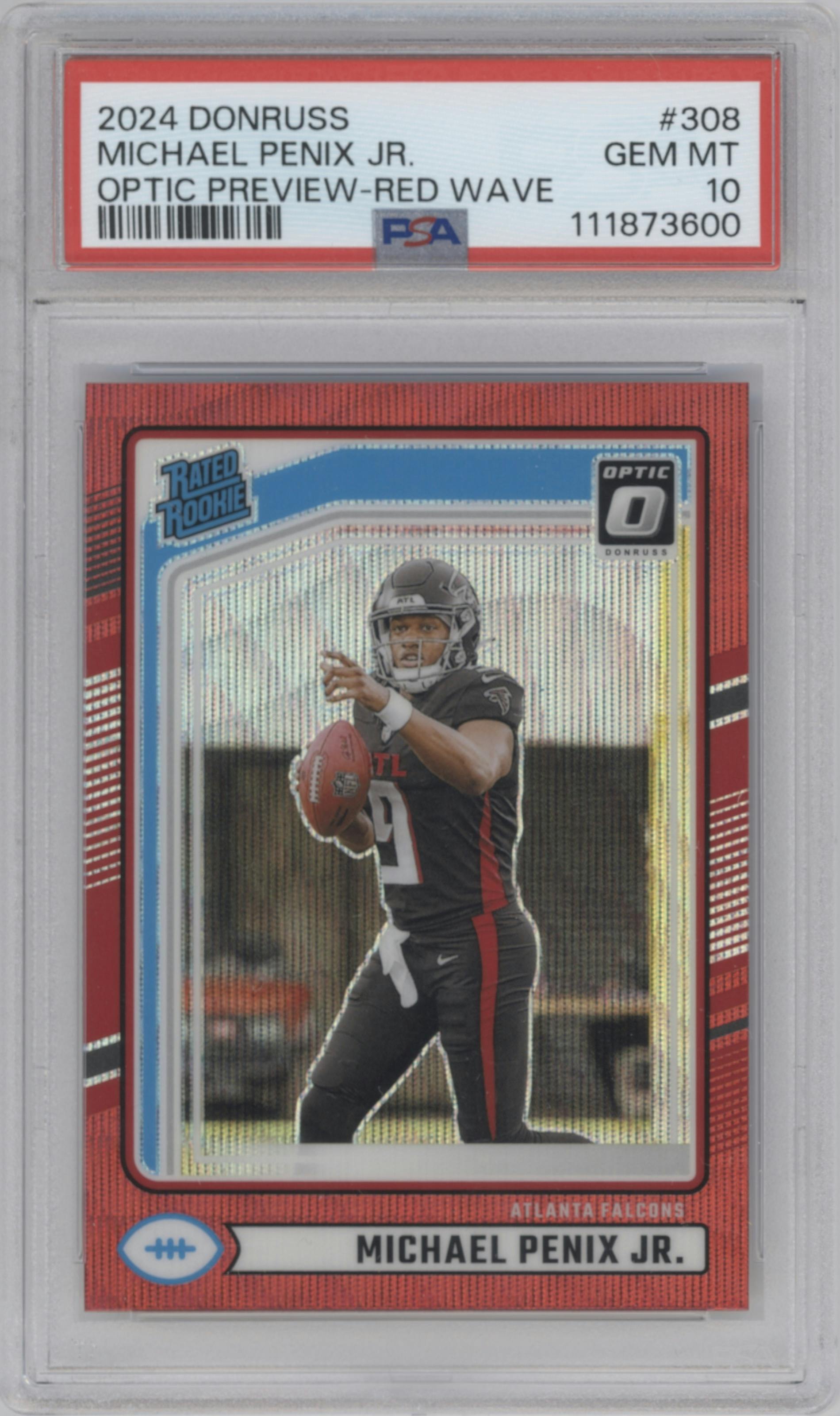 Michael Penix Jr.  from the 2024 Donruss set featuring a Red Wave parallel graded by PSA and given an overall grade of 10.