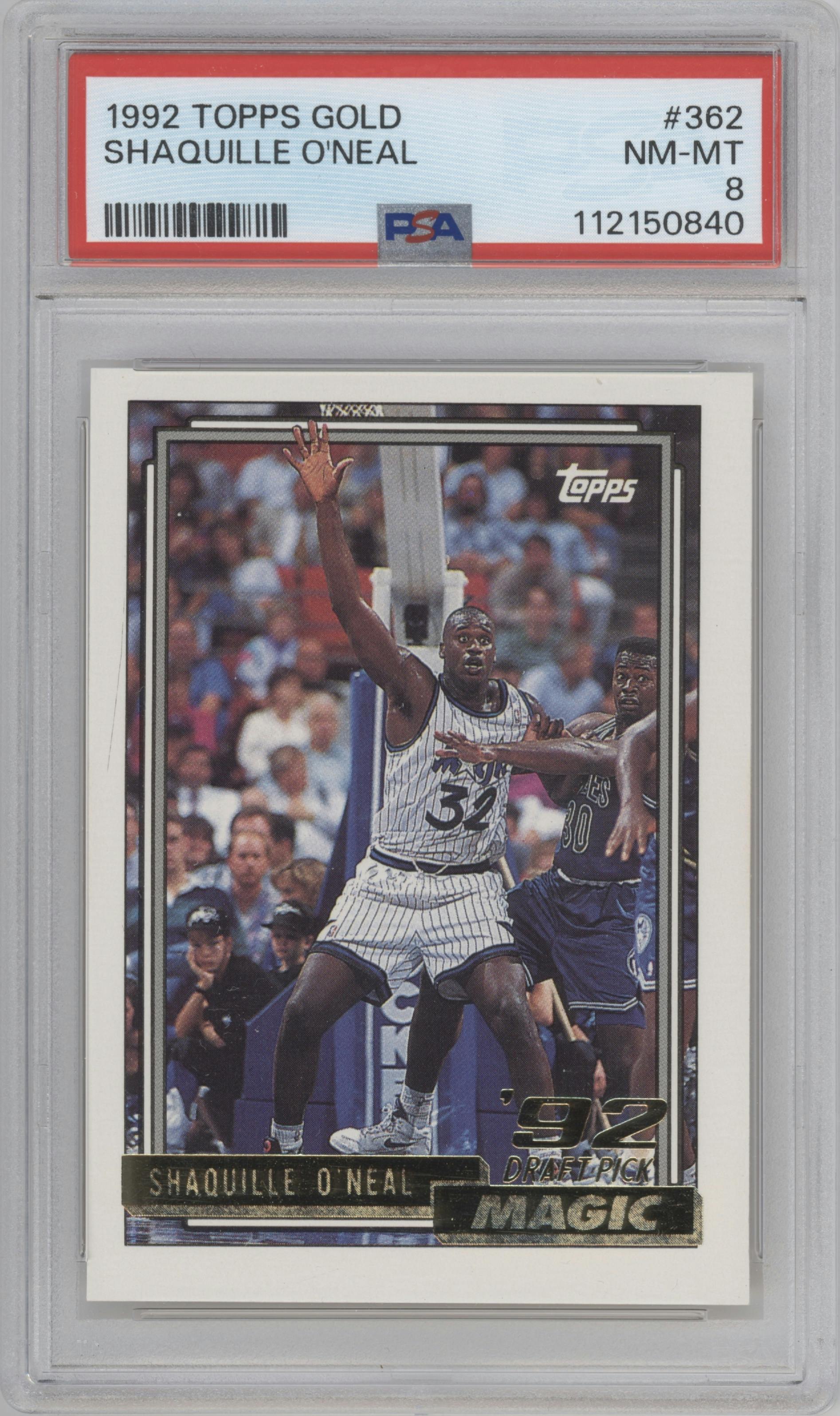 Shaquille O'Neal from the 1992-93 Topps set featuring a Gold parallel graded by PSA and given an overall grade of 8.