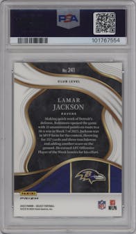 Lamar Jackson from the 2023 Panini Select set featuring a Gold Prizm parallel graded by PSA and given an overall grade of 10.