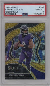 Lamar Jackson from the 2023 Panini Select set featuring a Gold Prizm parallel graded by PSA and given an overall grade of 10.