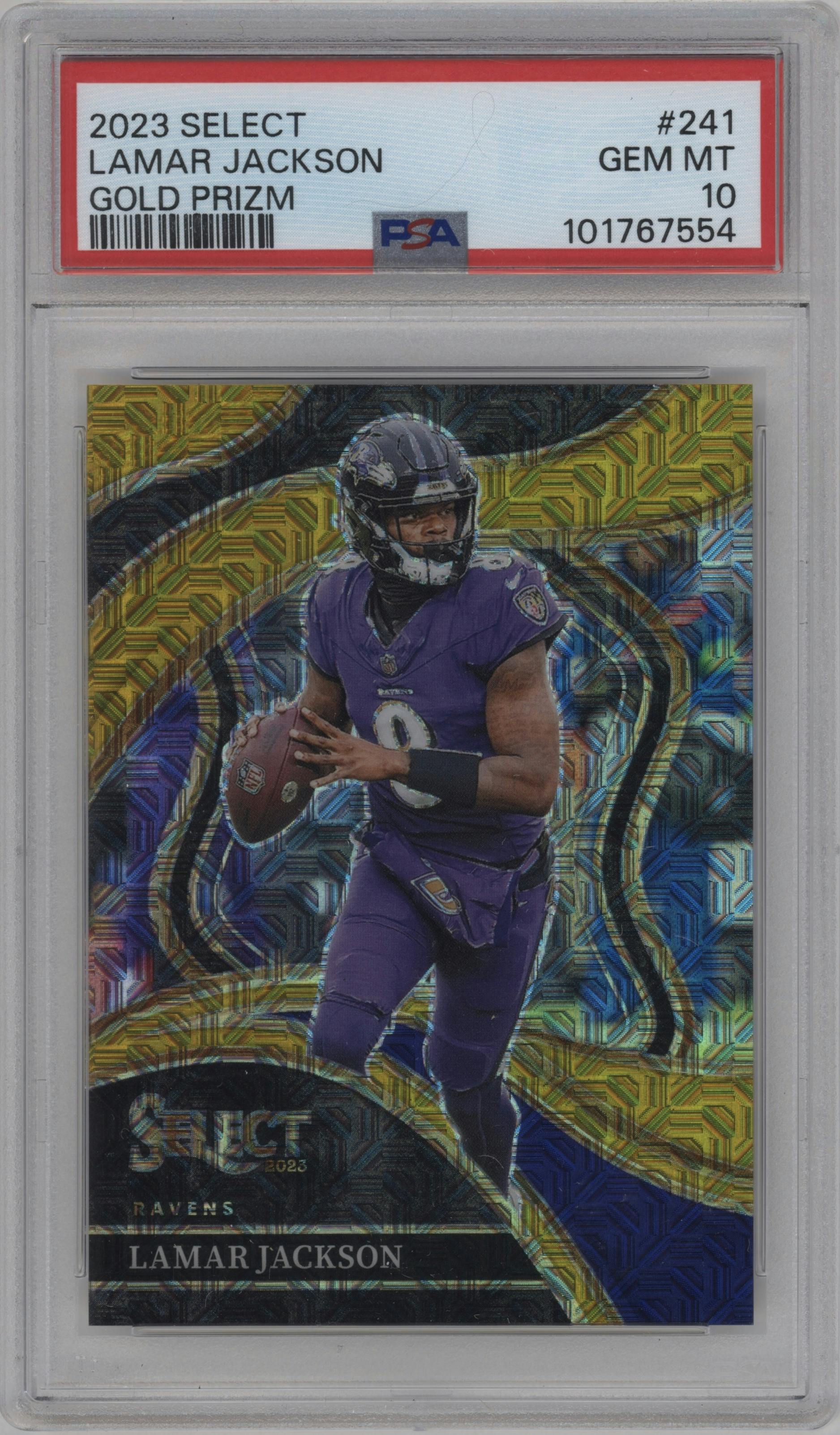 Lamar Jackson from the 2023 Panini Select set featuring a Gold Prizm parallel graded by PSA and given an overall grade of 10.