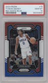 Tyrese Maxey from the 2023-24 Panini Prizm set featuring a Red White Blue Prizm parallel graded by PSA and given an overall grade of 10.