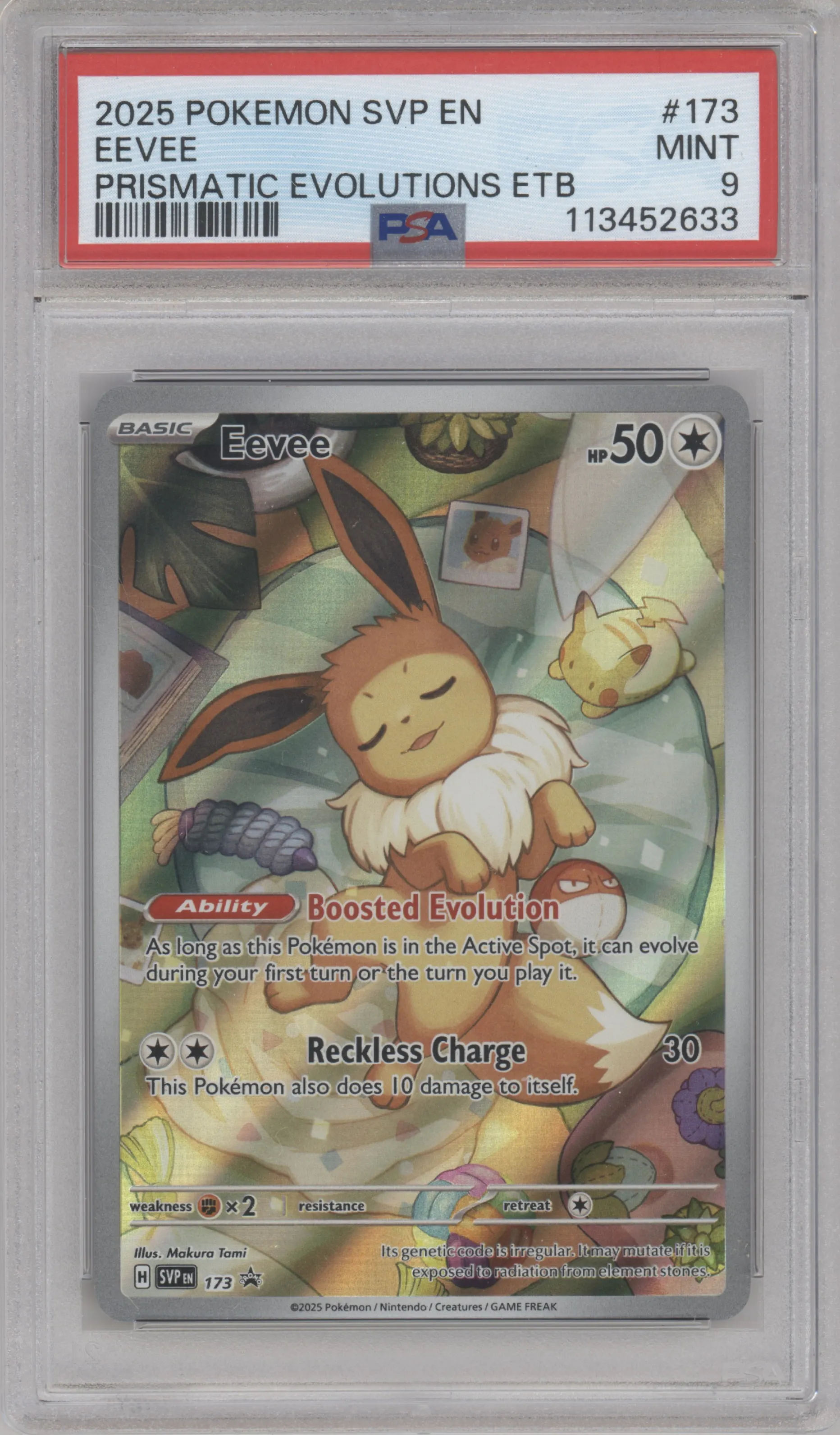Eevee from the 2025 Pokemon SV set featuring a Prismatic Evolutions Elite Trainer Box parallel graded by PSA and given an overall grade of 9.