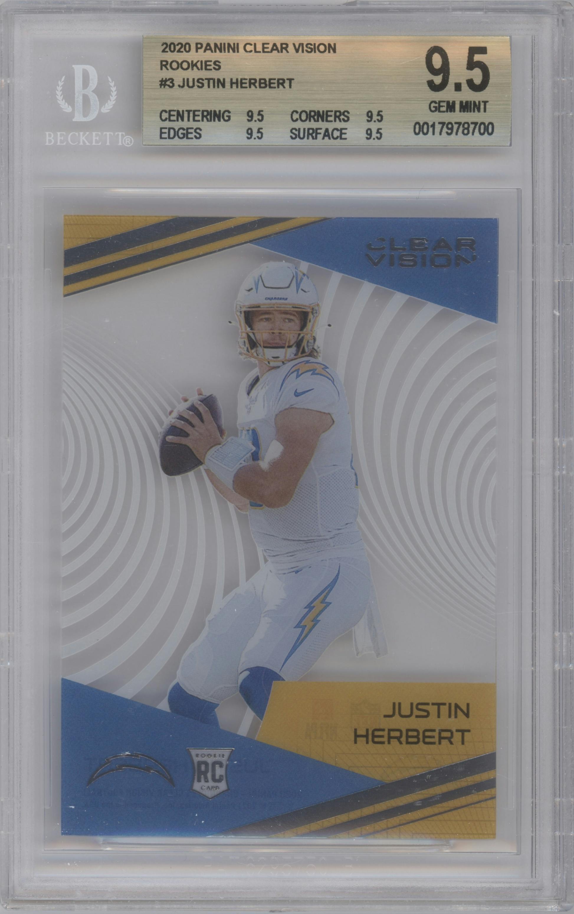 Justin Herbert from the 2020 Panini Chronicles set graded by Beckett and given an overall grade of 9.5.