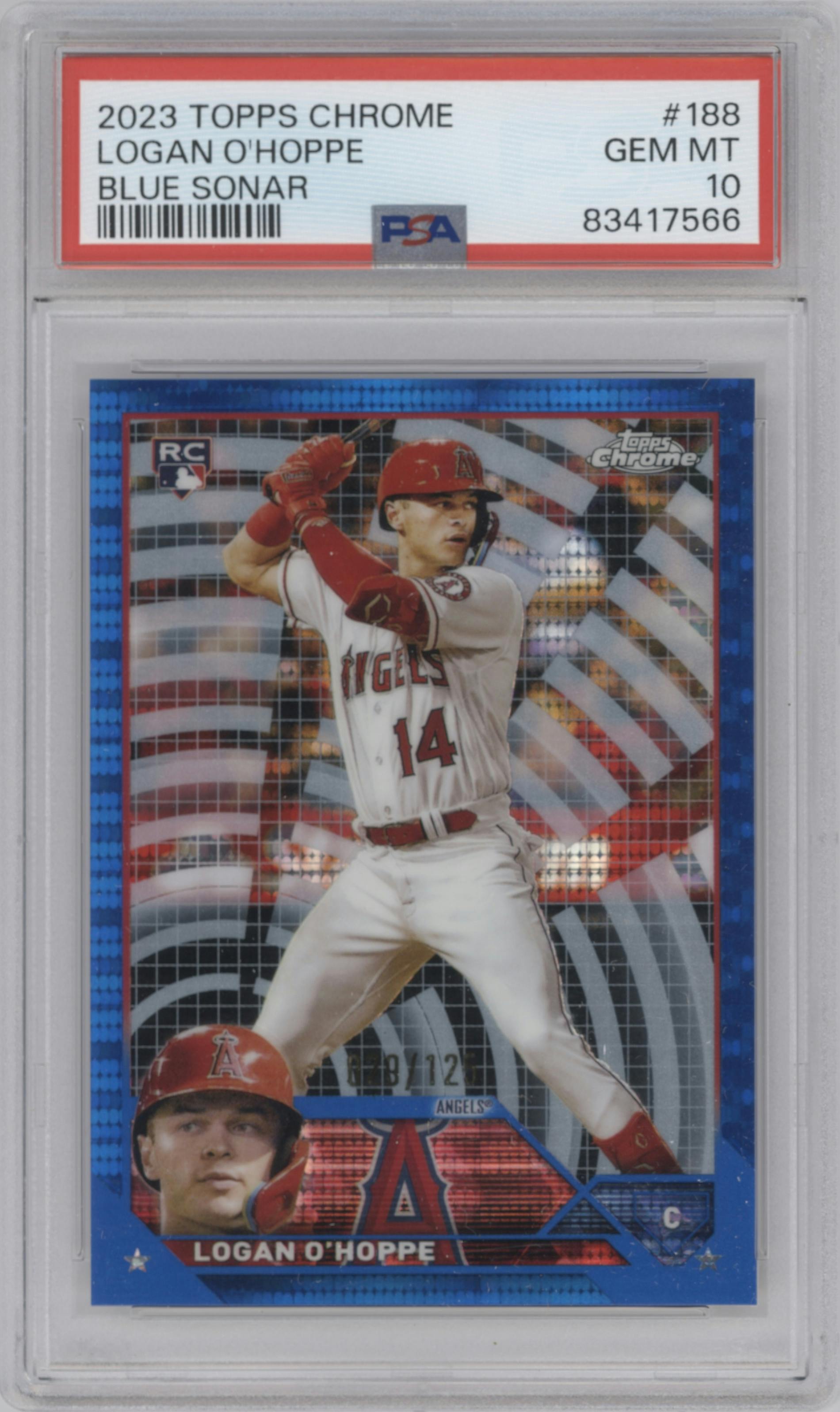 Logan O'Hoppe from the 2023 Topps Chrome set featuring a Blue Sonar Refractor parallel graded by PSA and given an overall grade of 10.