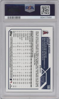 Logan O'Hoppe from the 2023 Topps Chrome set featuring a Blue Sonar Refractor parallel graded by PSA and given an overall grade of 10.