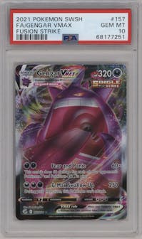 Gengar VMAX from the 2021 Pokemon SWSH set graded by PSA and given an overall grade of 10.