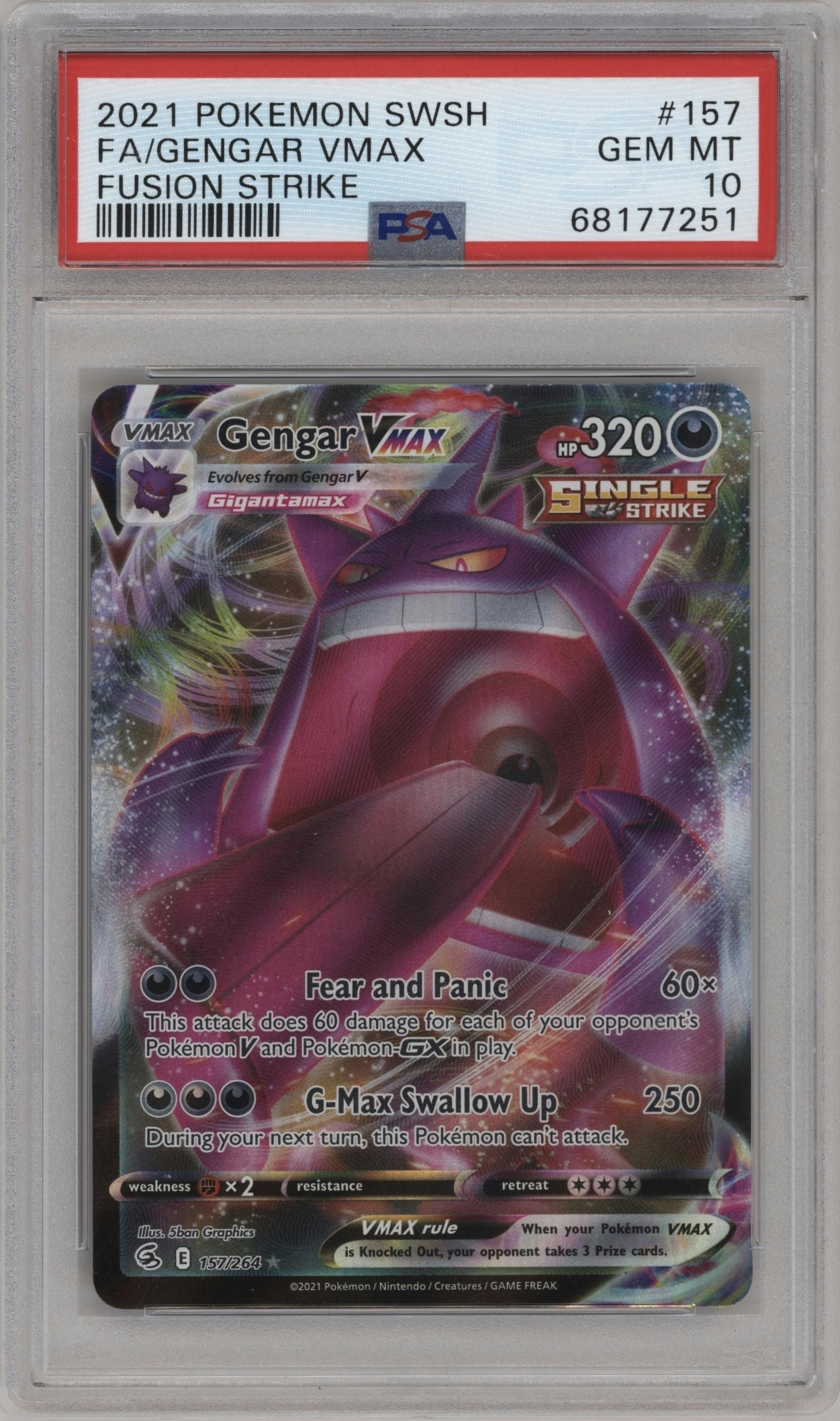 Gengar VMAX from the 2021 Pokemon SWSH set graded by PSA and given an overall grade of 10.