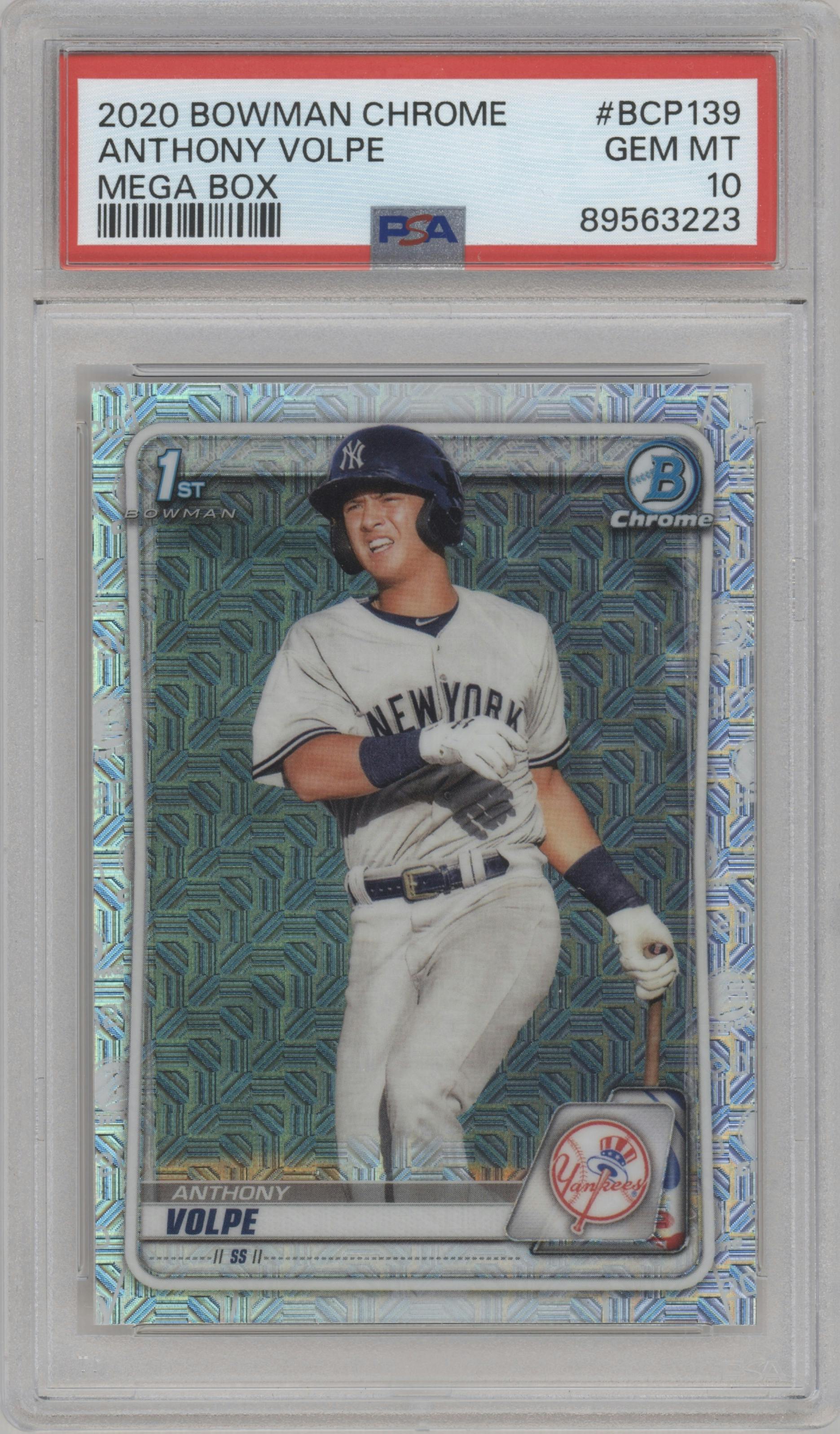 Anthony Volpe from the 2020 Bowman Mega Box Chrome set graded by PSA and given an overall grade of 10.