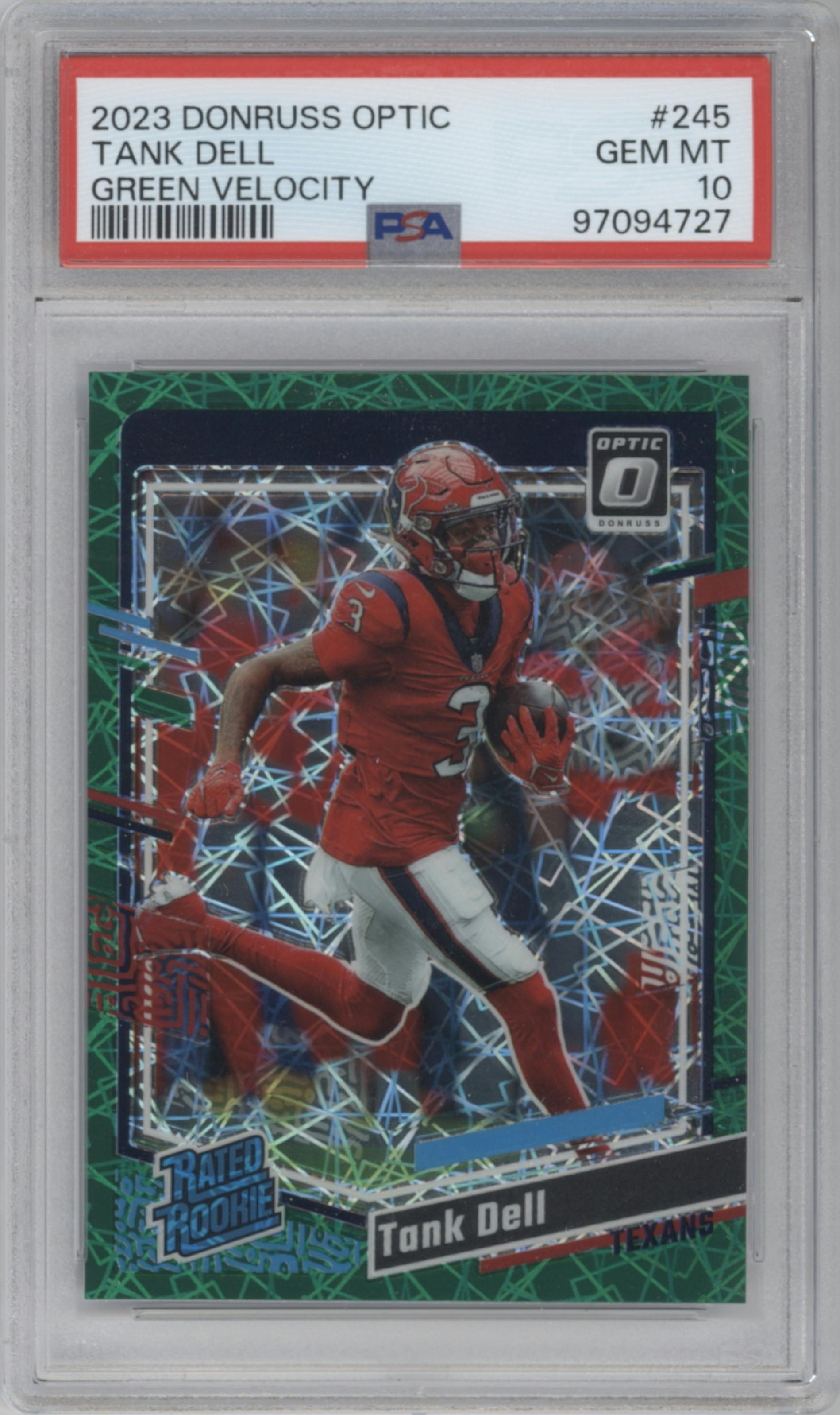 Tank Dell from the 2023 Donruss Optic set featuring a Green Velocity parallel graded by PSA and given an overall grade of 10.