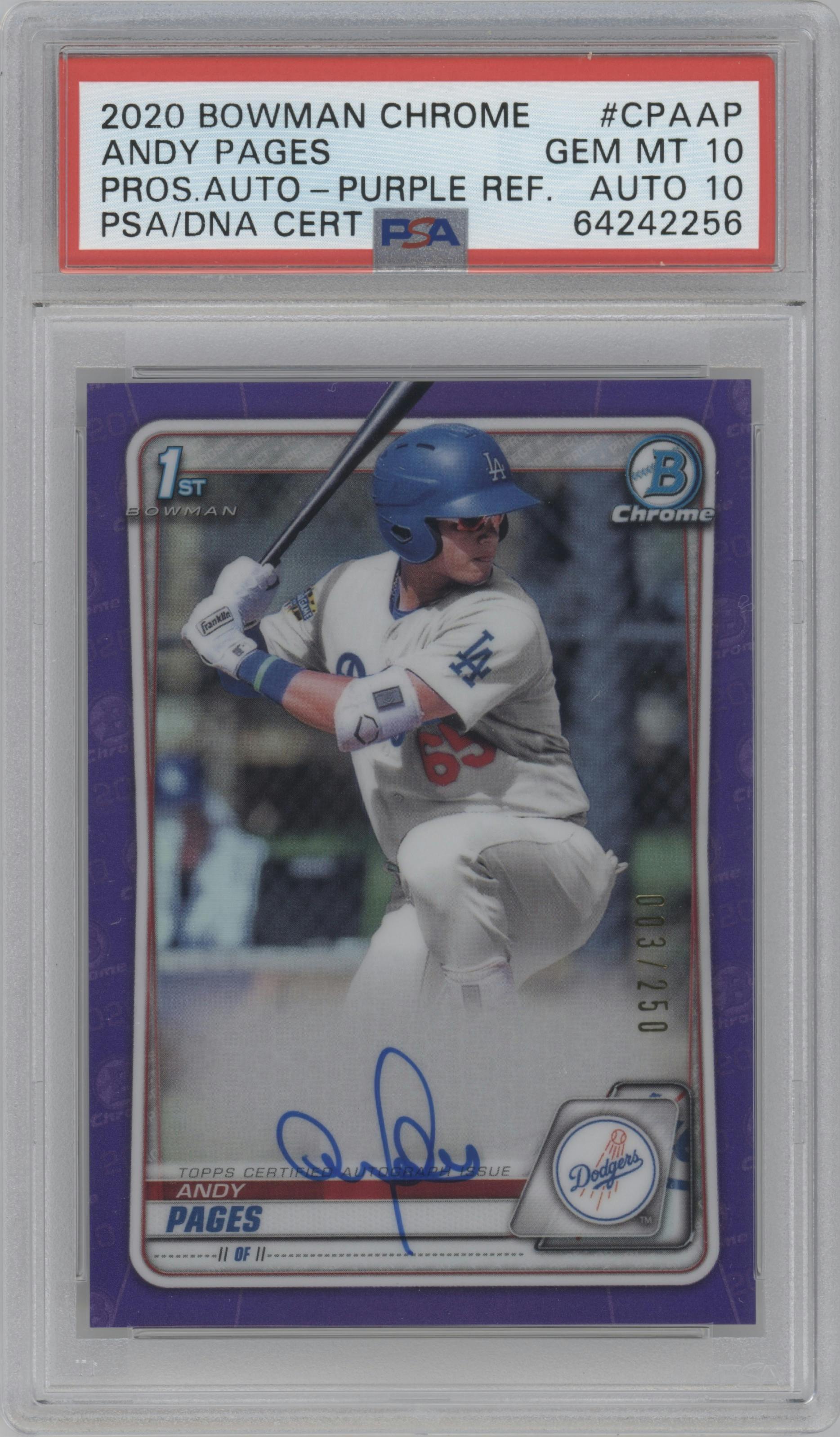 Andy Pages from the 2020 Bowman set featuring a Purple Refractor parallel graded by PSA and given an overall grade of 10.