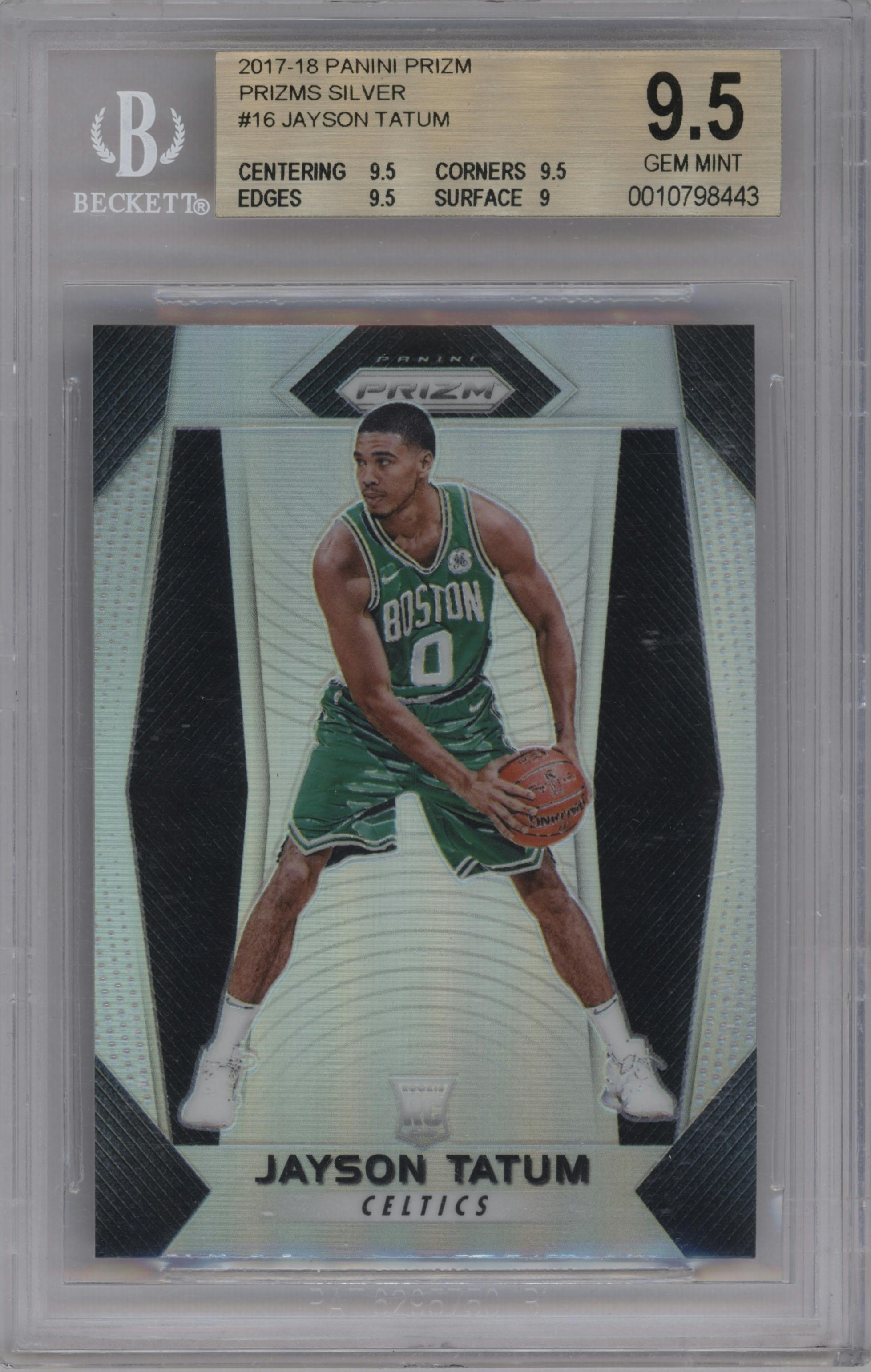 Jayson Tatum from the 2017-18 Panini Prizm  set featuring a Silver Prizm parallel graded by Beckett and given an overall grade of 9.5.