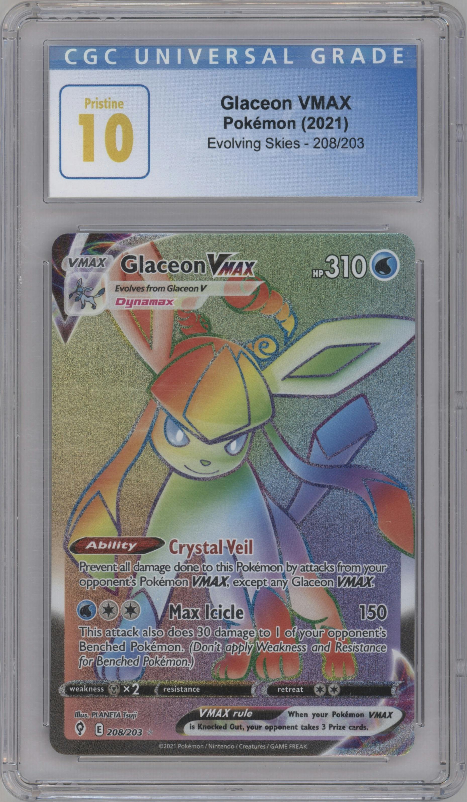 Glaceon VMAX from the 2021 Pokemon SWSH set graded by CSG and given an overall grade of 10.