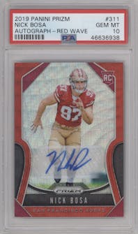 Nick Bosa from the 2019 Panini Prizm set featuring a Red Wave parallel graded by PSA and given an overall grade of 10.