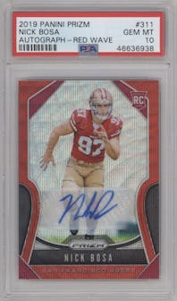 Nick Bosa from the 2019 Panini Prizm set featuring a Red Wave parallel graded by PSA and given an overall grade of 10.