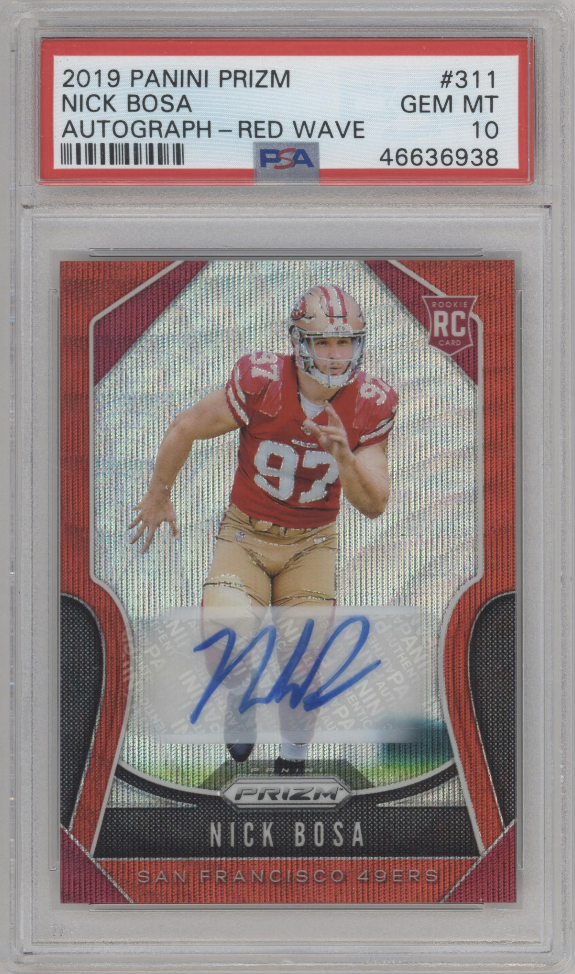 Nick Bosa from the 2019 Panini Prizm set featuring a Red Wave parallel graded by PSA and given an overall grade of 10.