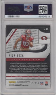 Nick Bosa from the 2019 Panini Prizm set featuring a Red Wave parallel graded by PSA and given an overall grade of 10.