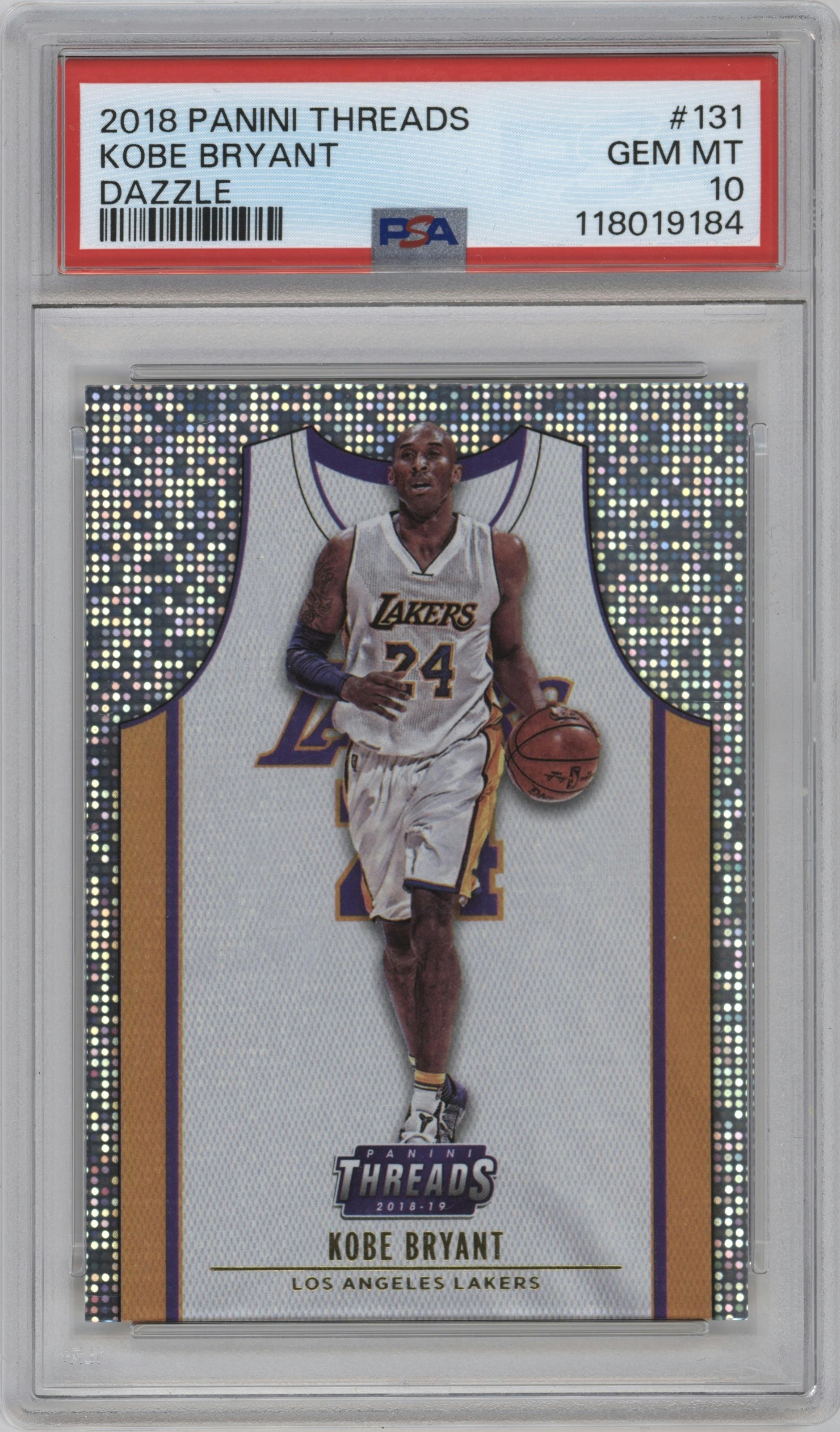 Kobe Bryant from the 2018-19 Panini Threads  set featuring a Dazzle parallel graded by PSA and given an overall grade of 10.