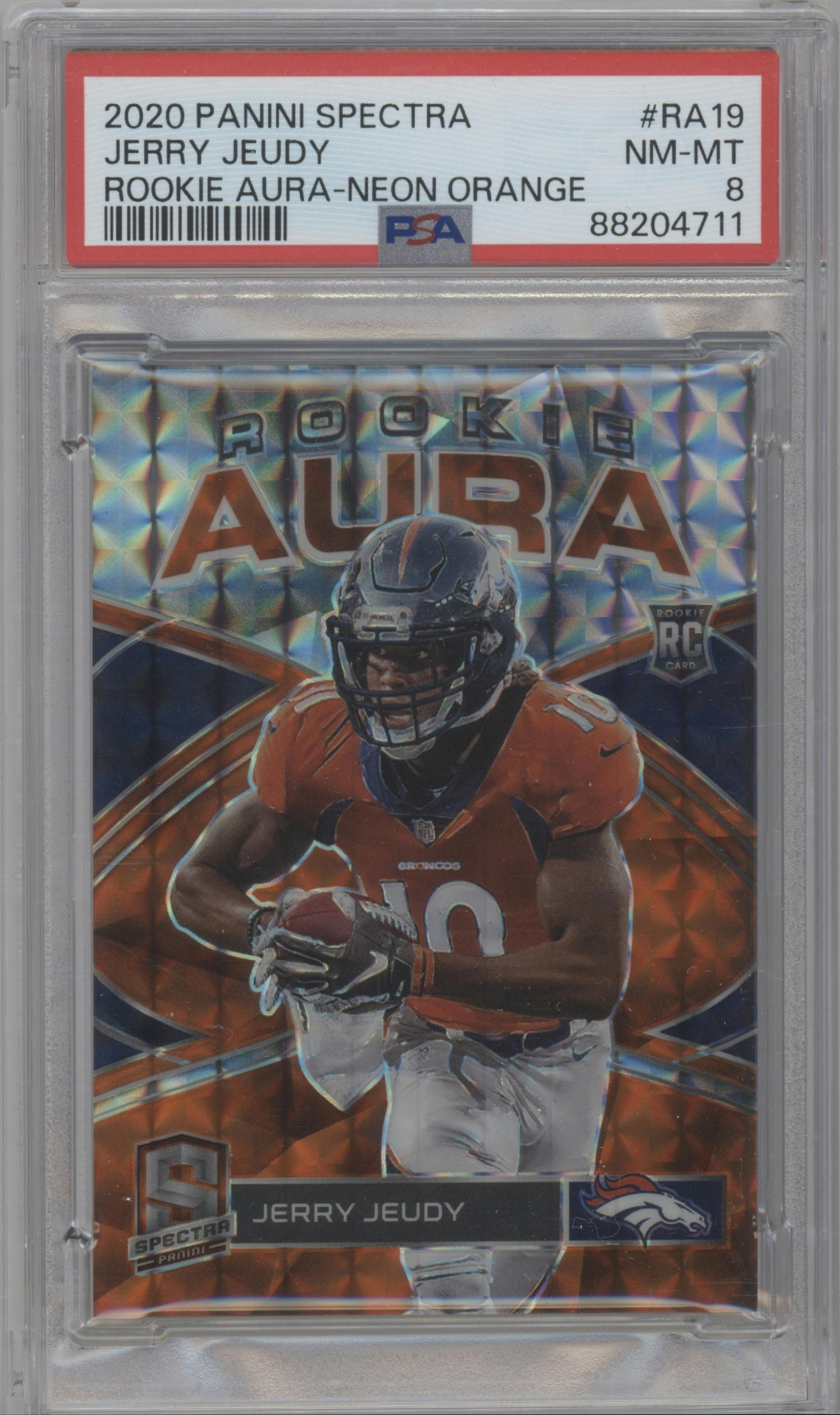 Jerry Jeudy from the 2020 Panini Spectra set featuring a Neon Orange parallel graded by PSA and given an overall grade of 8.