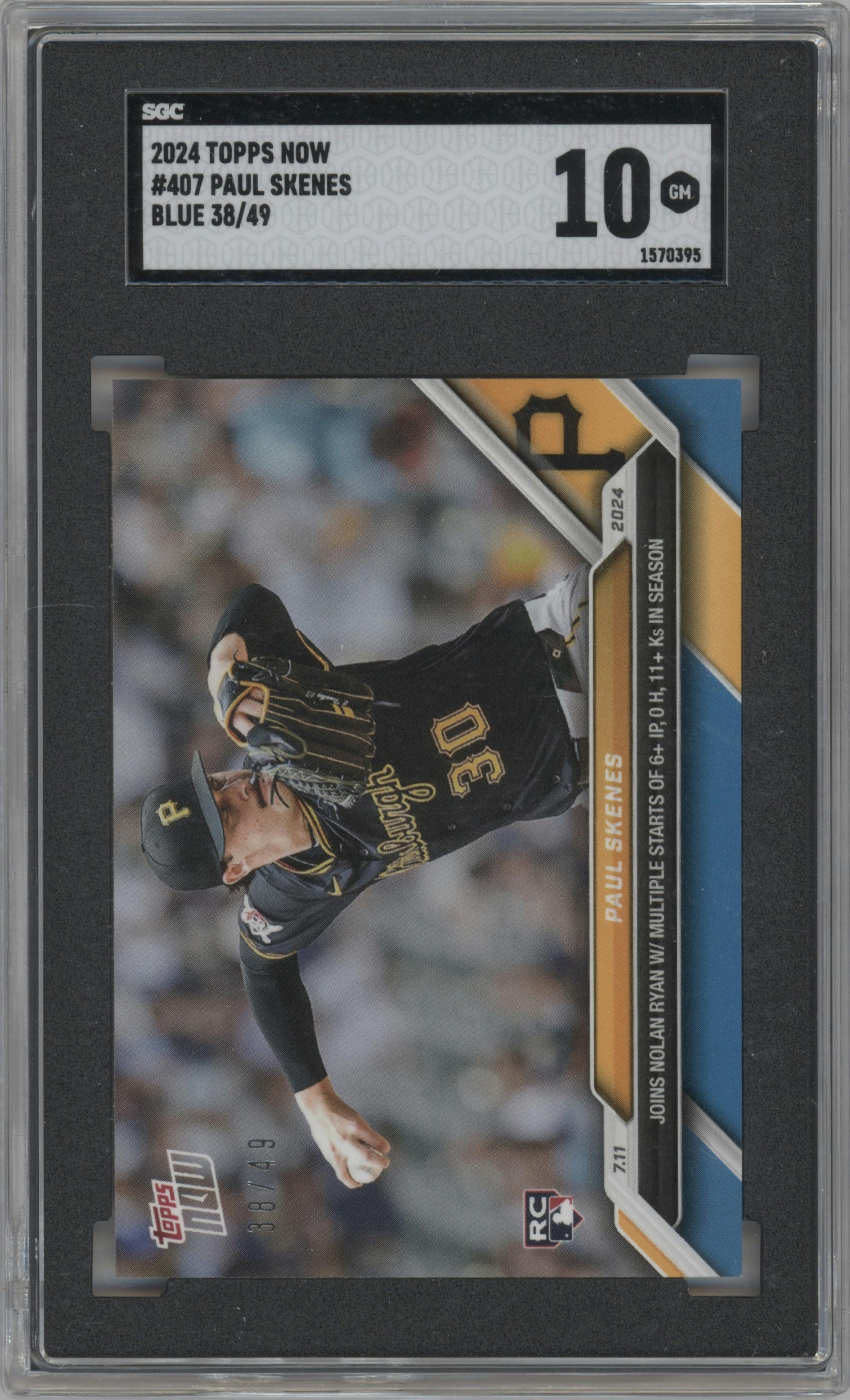 Paul Skenes from the 2024 Topps Now set featuring a Blue parallel graded by SGC and given an overall grade of 10.