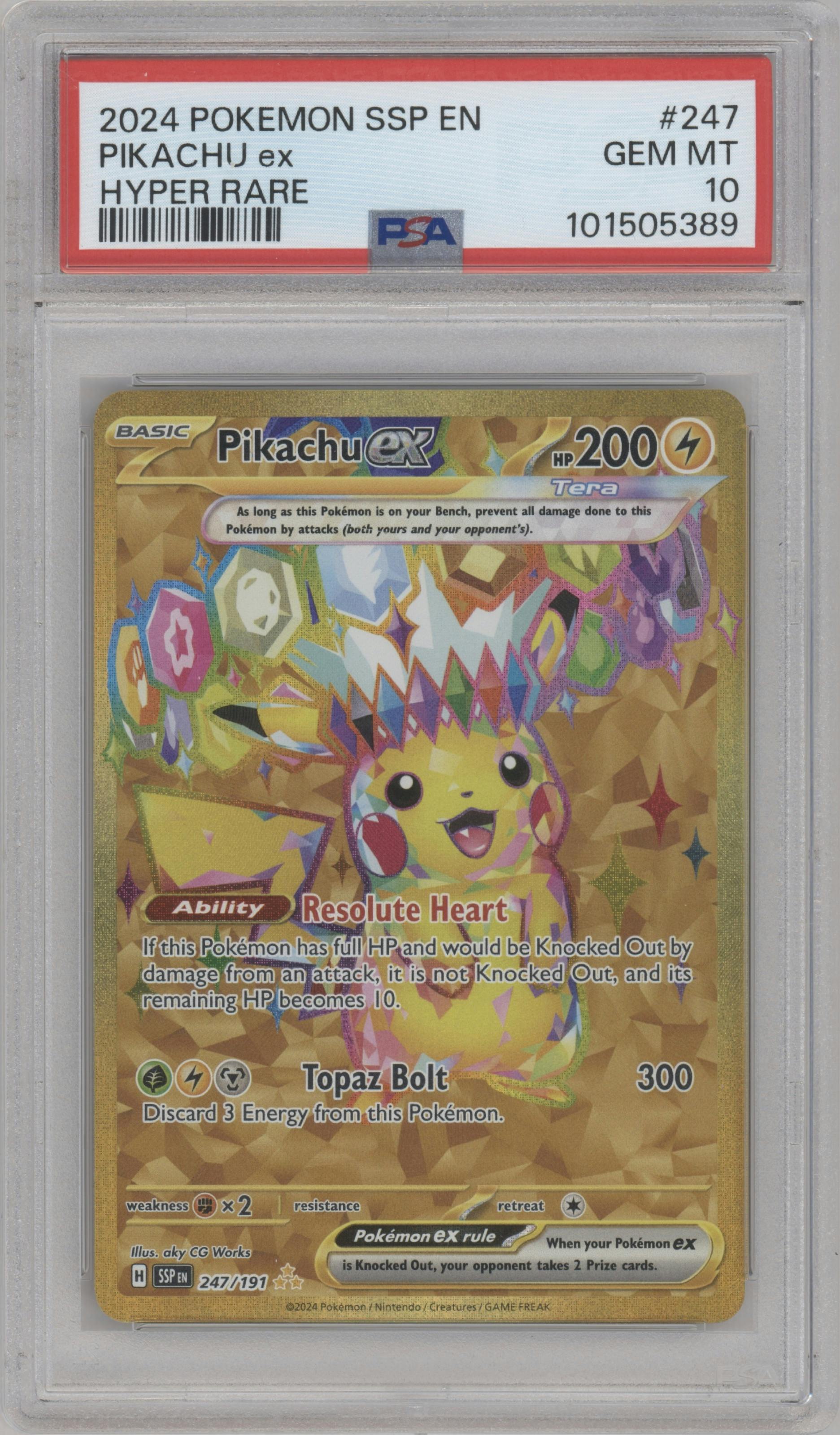 Pikachu ex from the 2024 Pokemon SV set graded by PSA and given an overall grade of 10.