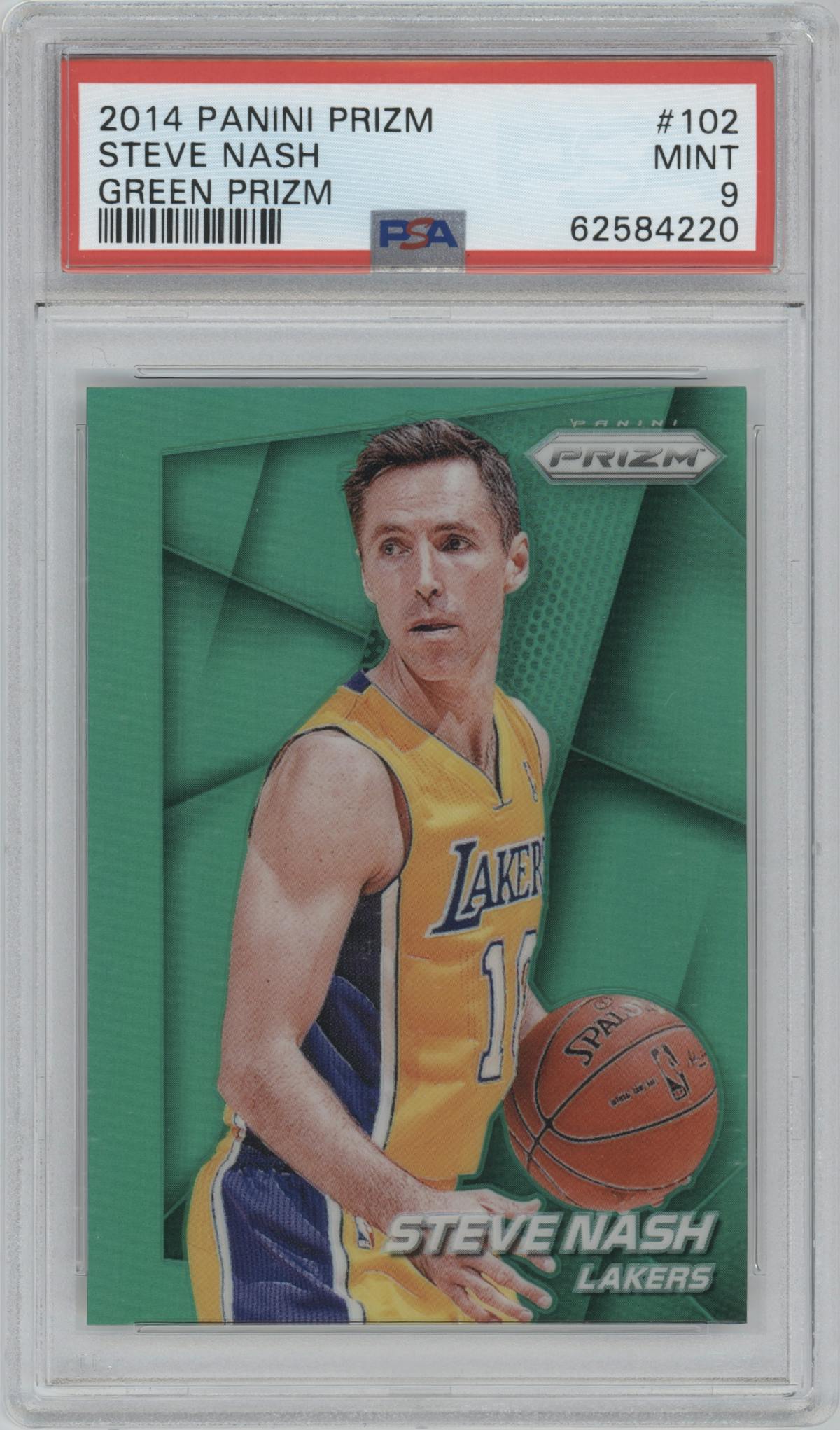 Steve Nash from the 2014-15 Panini Prizm set featuring a Green Prizm parallel graded by PSA and given an overall grade of 9.