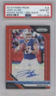 Josh Allen from the 2018 Panini Prizm set featuring a Red Wave Prizm parallel graded by PSA and given an overall grade of 10.