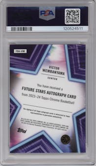 Victor Wembanyama from the 2023-24 Topps Chrome set graded by PSA and given an overall grade of 10.
