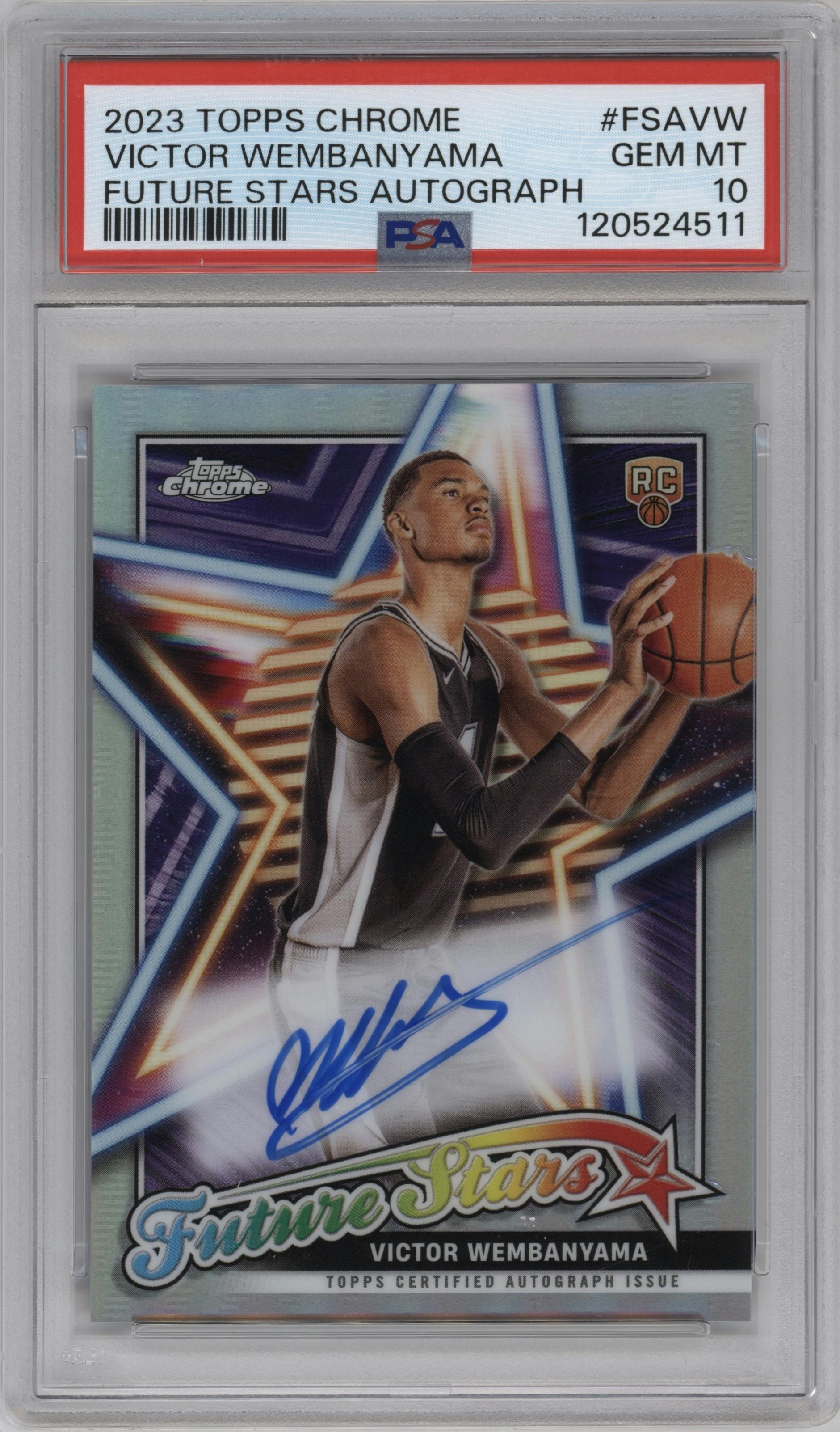 Victor Wembanyama from the 2023-24 Topps Chrome set graded by PSA and given an overall grade of 10.